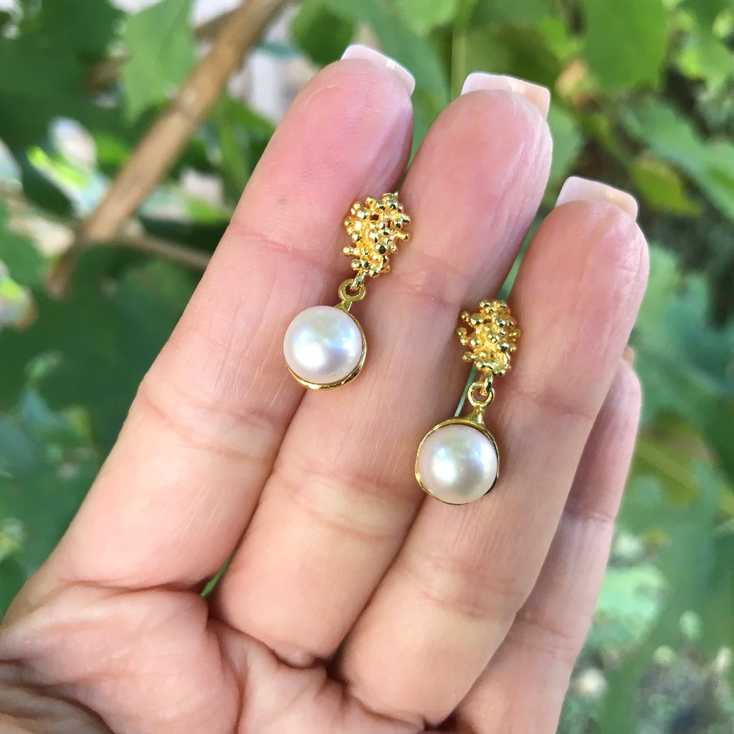 Sterling Silver gold white natural organic pearl earrings