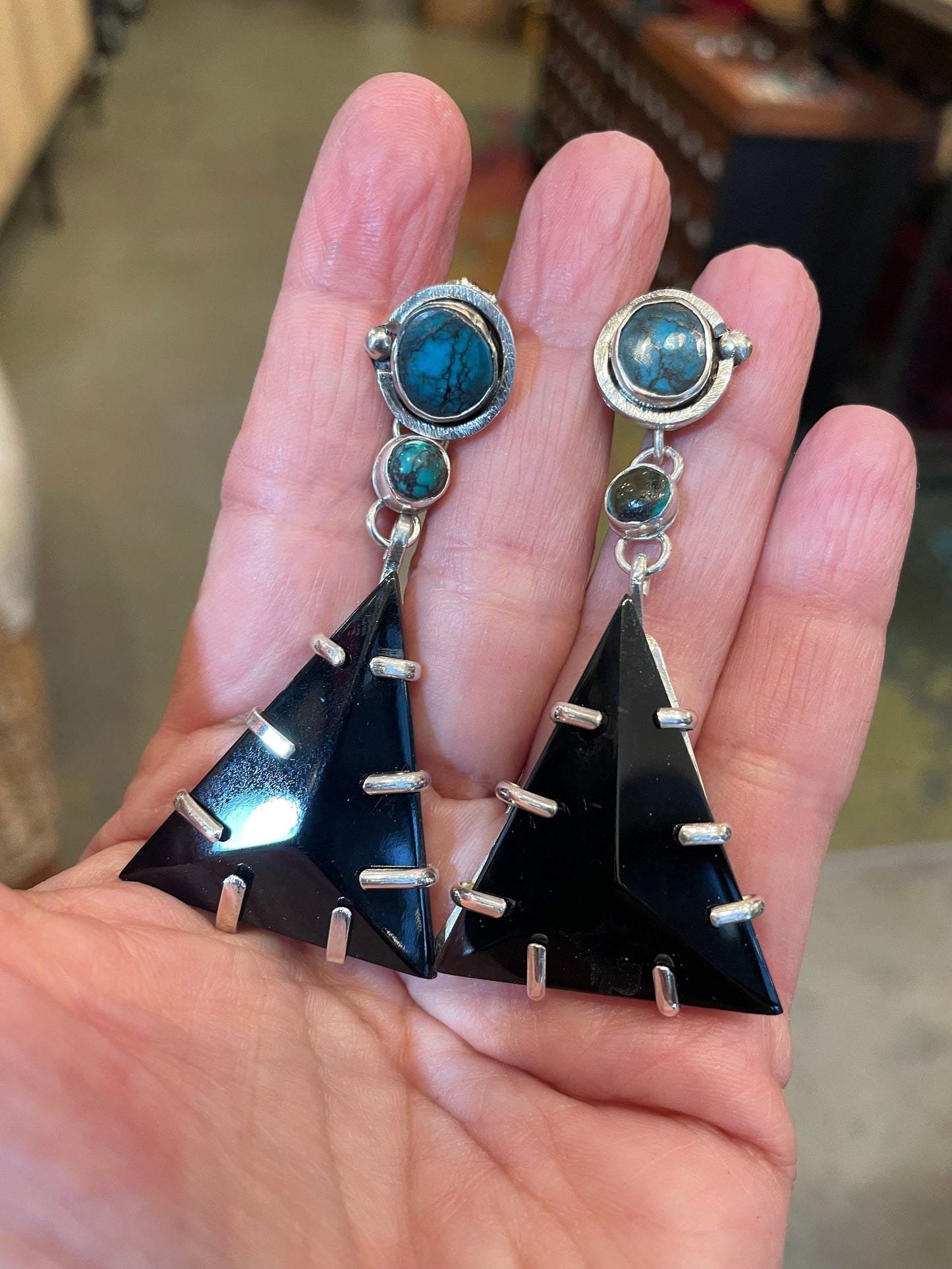Sterling Silver modernist black jade turquoise earrings