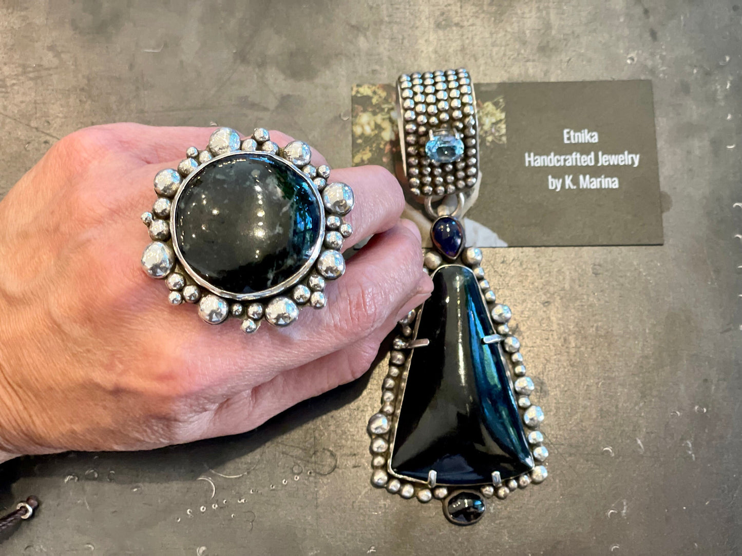 Sterling Silver natural black Guatemalan Jade huge pendant