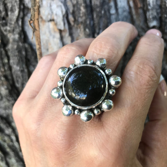 Sterling Statement black obsidian sunburst ring
