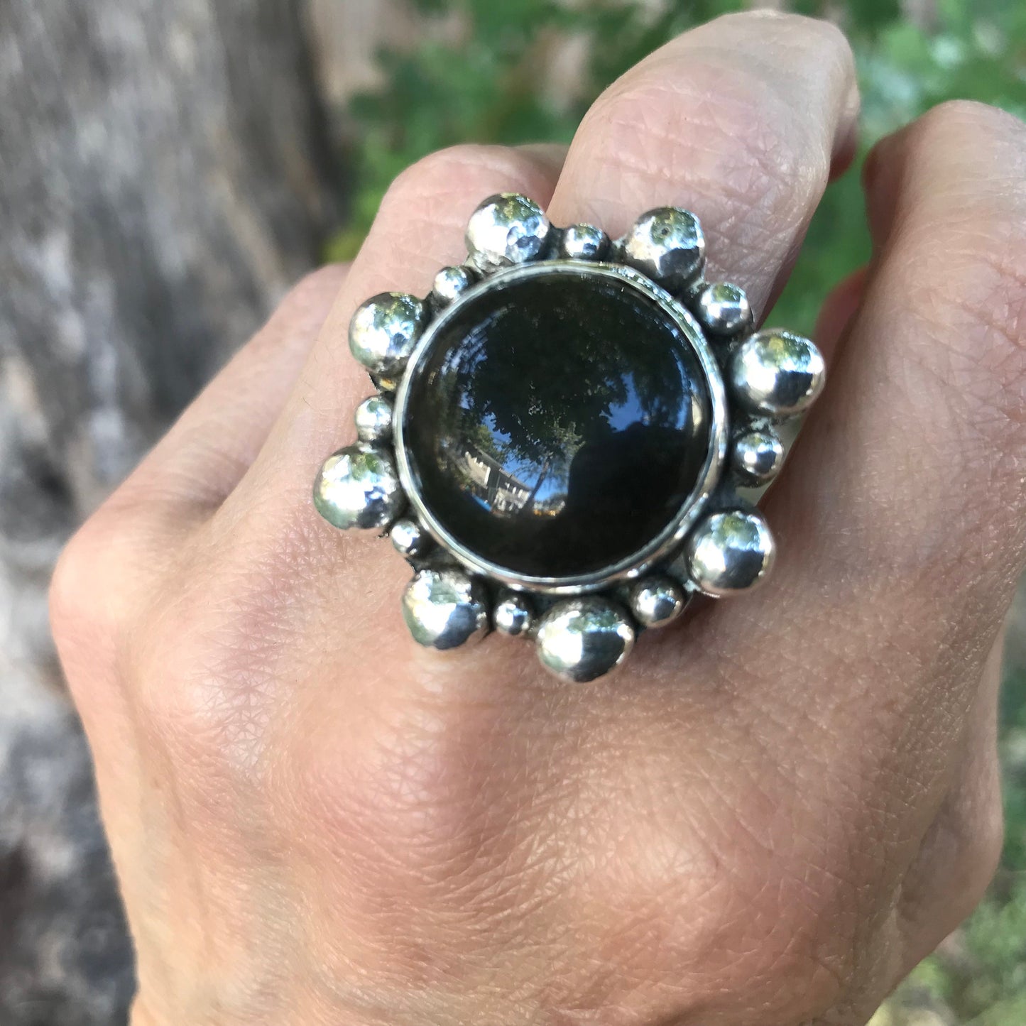Sterling Statement black obsidian sunburst ring