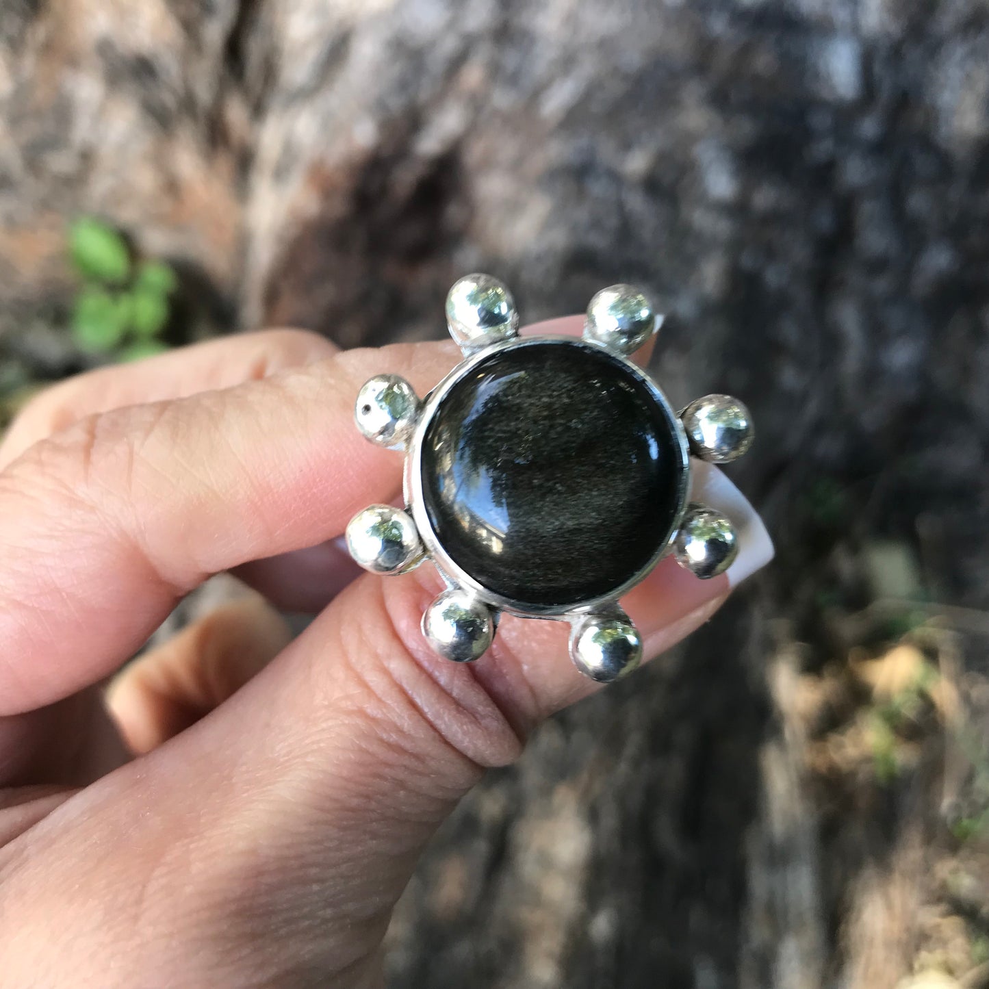 Sterling Statement black obsidian sunburst adjustable ring