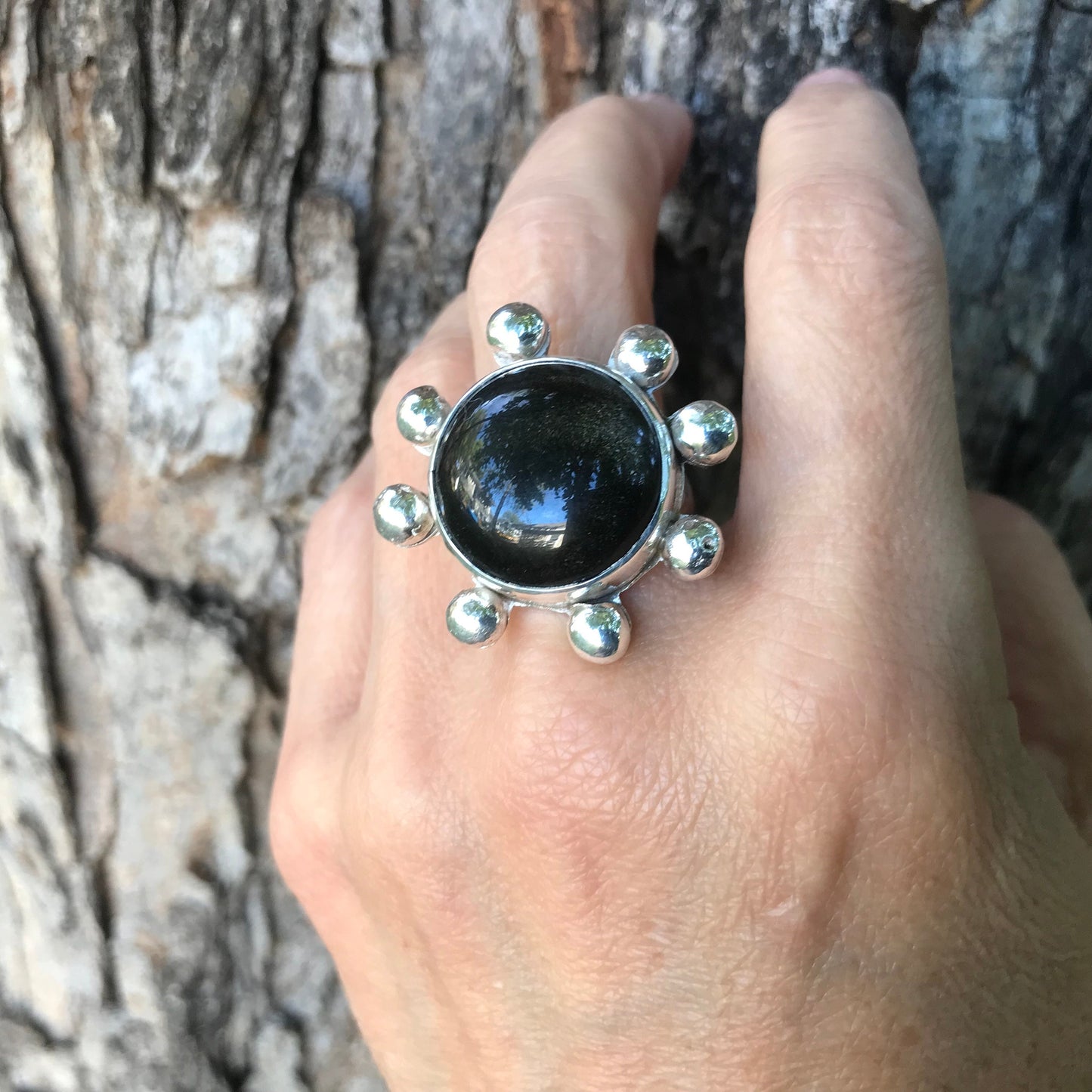 Sterling Statement black obsidian sunburst adjustable ring