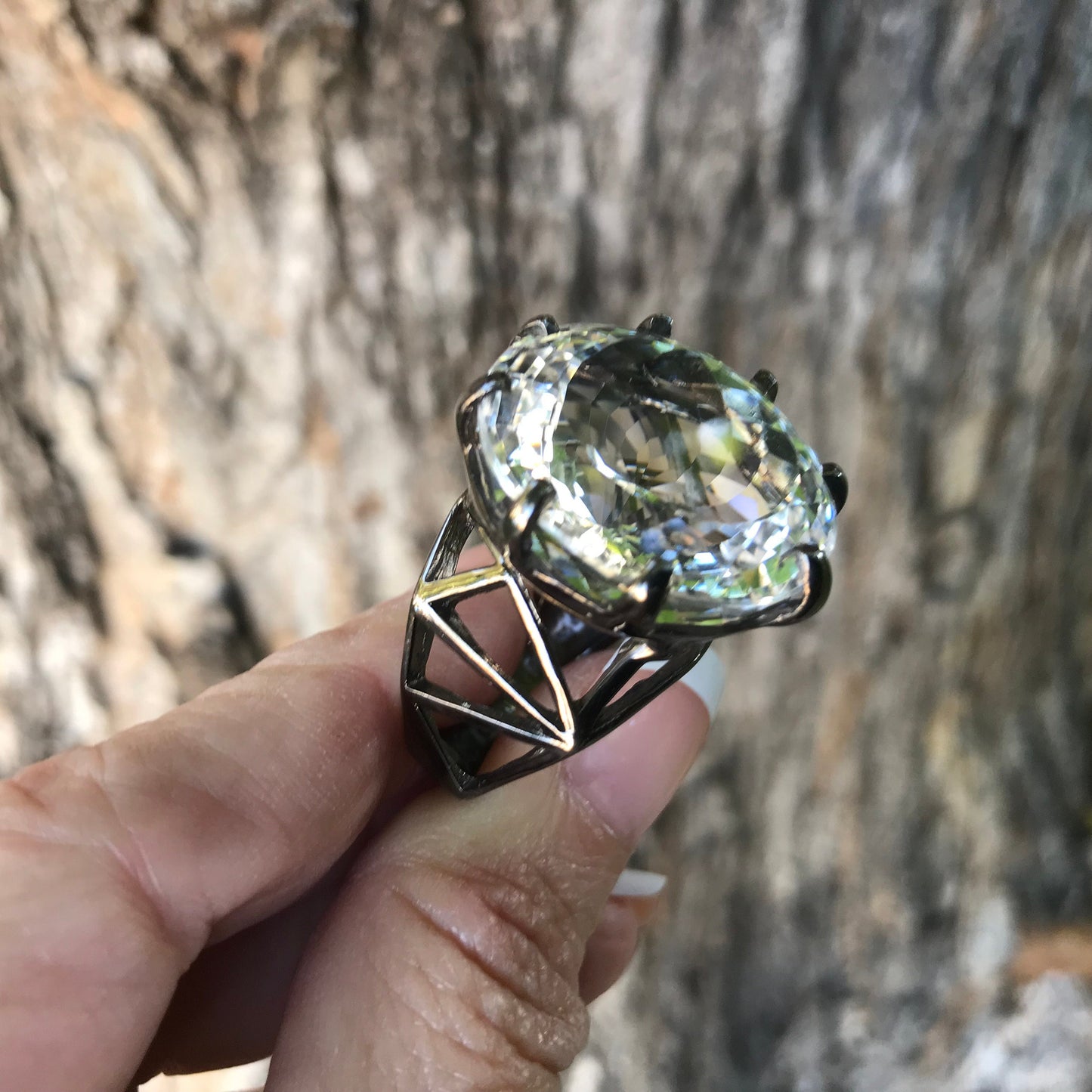 sterling silver natural quartz huge 40ct round huge ring 8.5