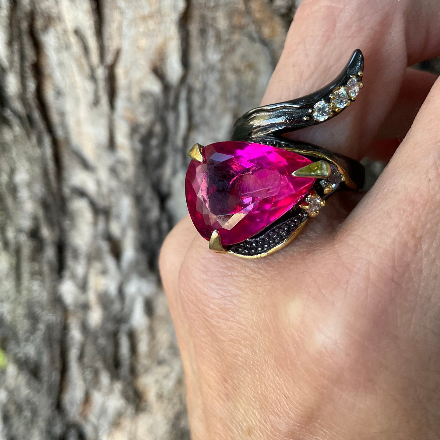 Sterling Silver pink topaz pear shape ring 9