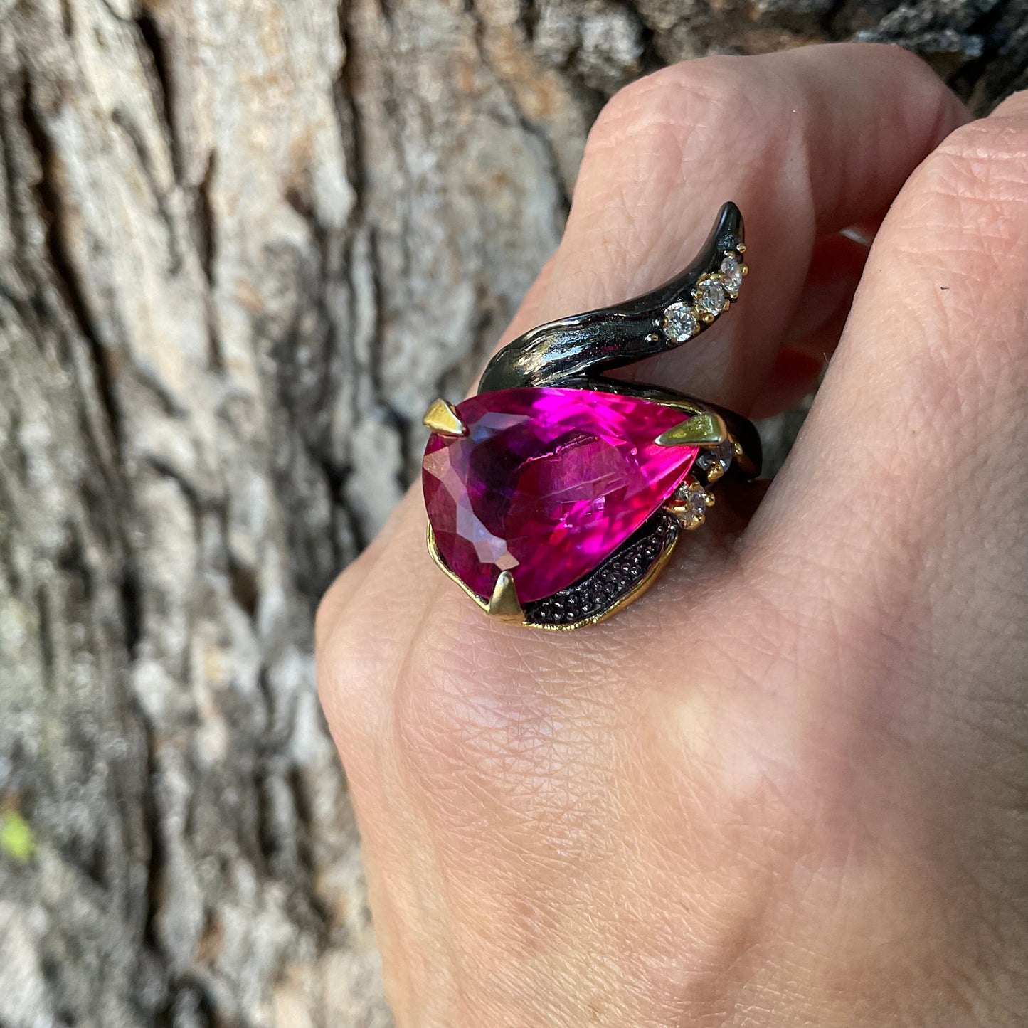 Sterling Silver pink topaz pear shape ring 9