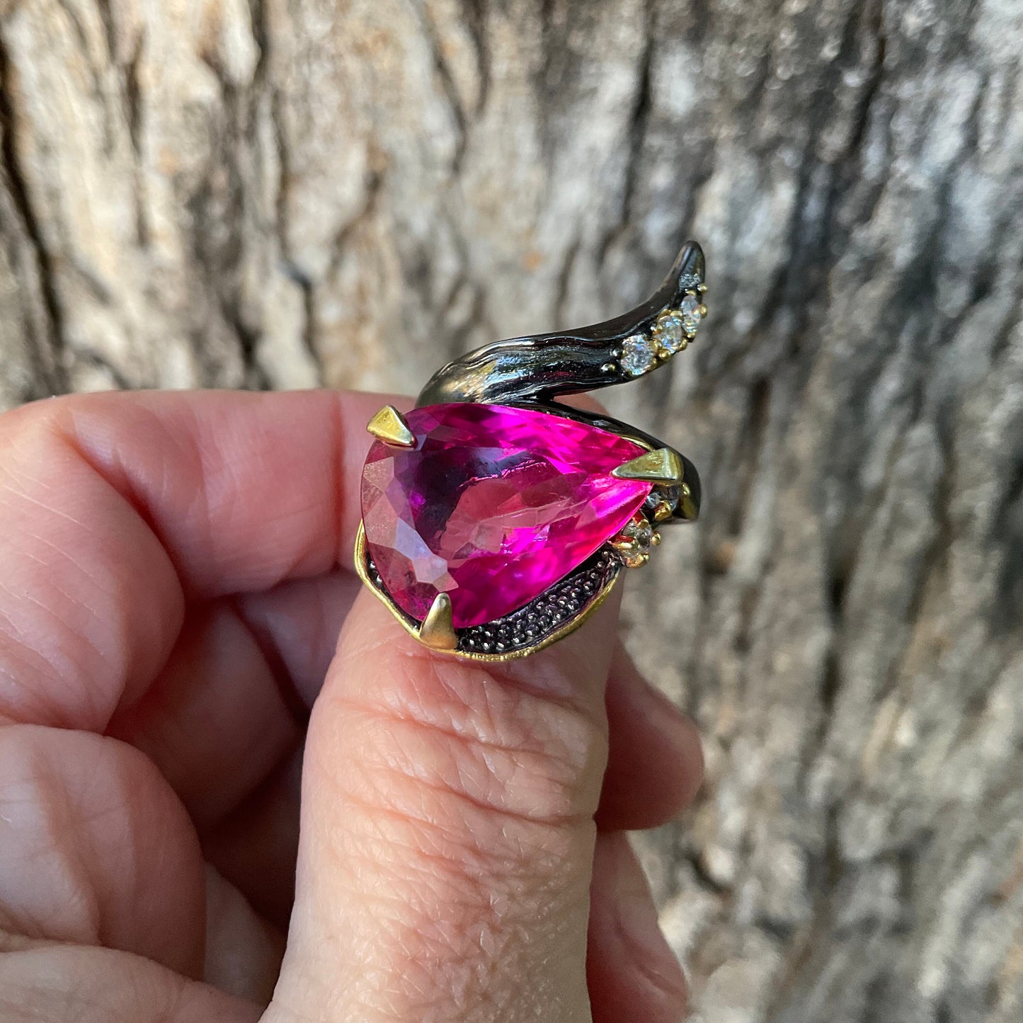 Sterling Silver pink topaz pear shape ring 9