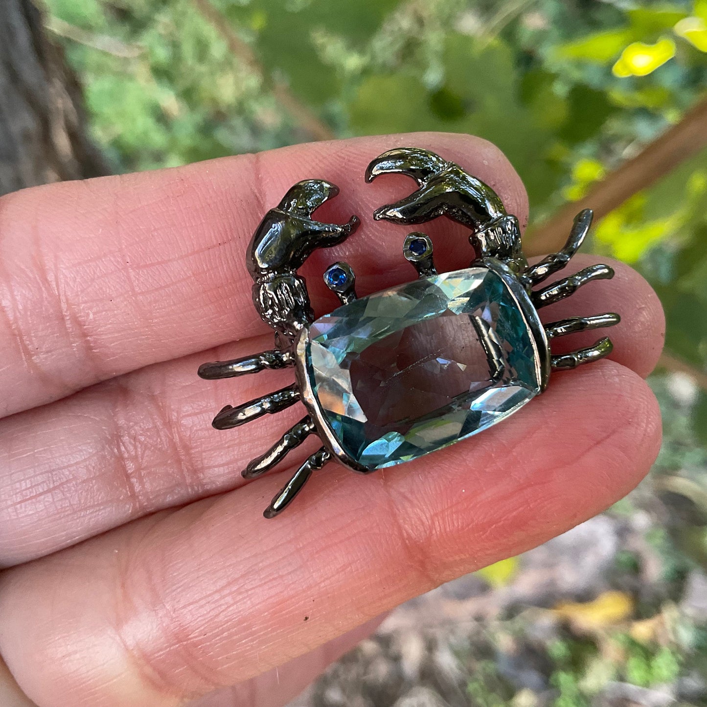 Sterling silver Blue topaz crab brooch pin art