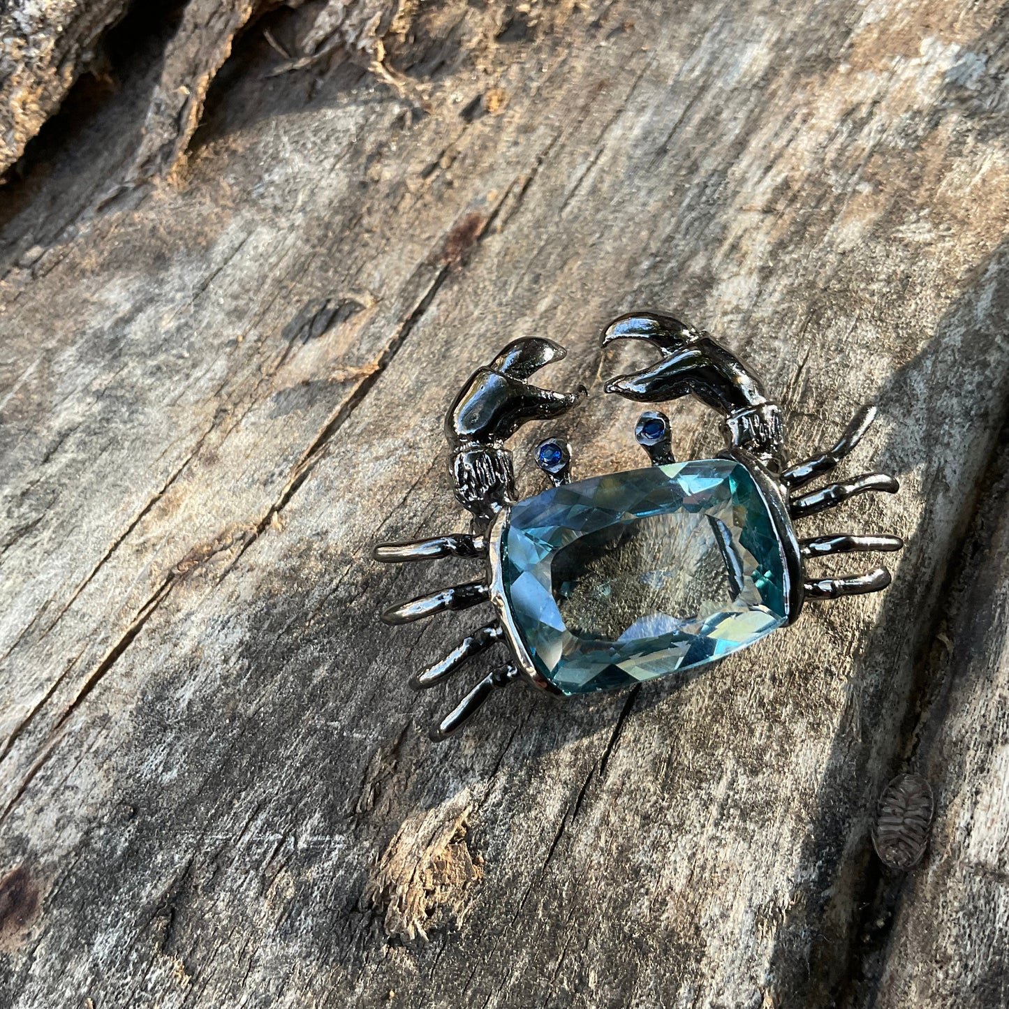 Sterling silver Blue topaz crab brooch pin art