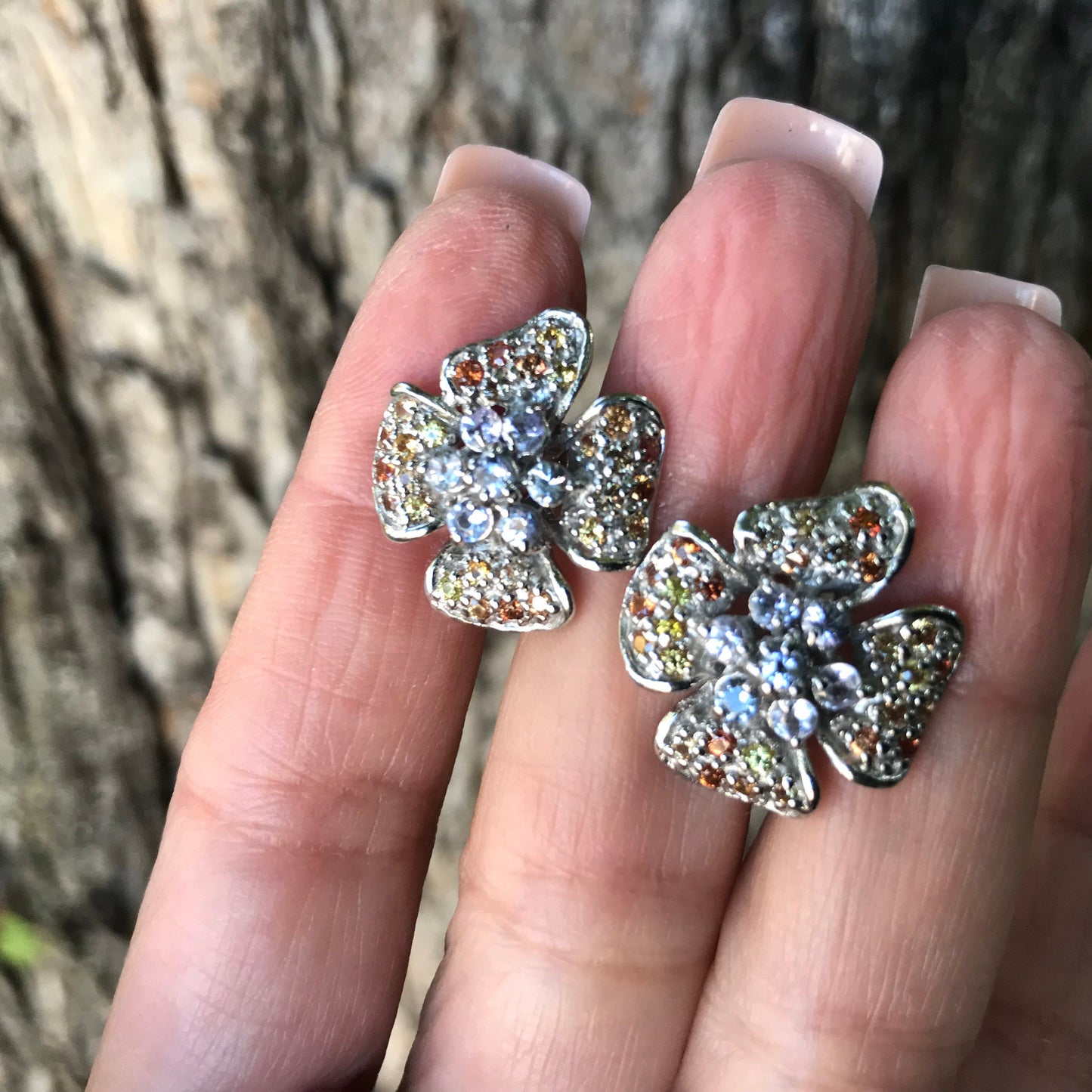 sterling silver natural  flower sapphire Stud tanzanite  earrings