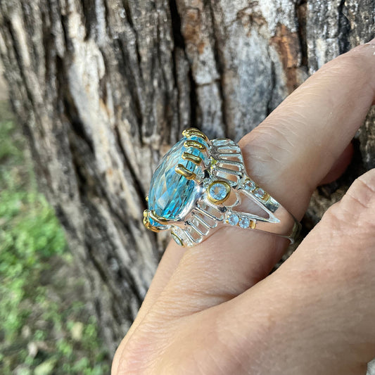 Sterling Silver blue topaz crown ring 7.5