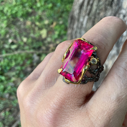 Sterling silver pink topaz band organic ring 7