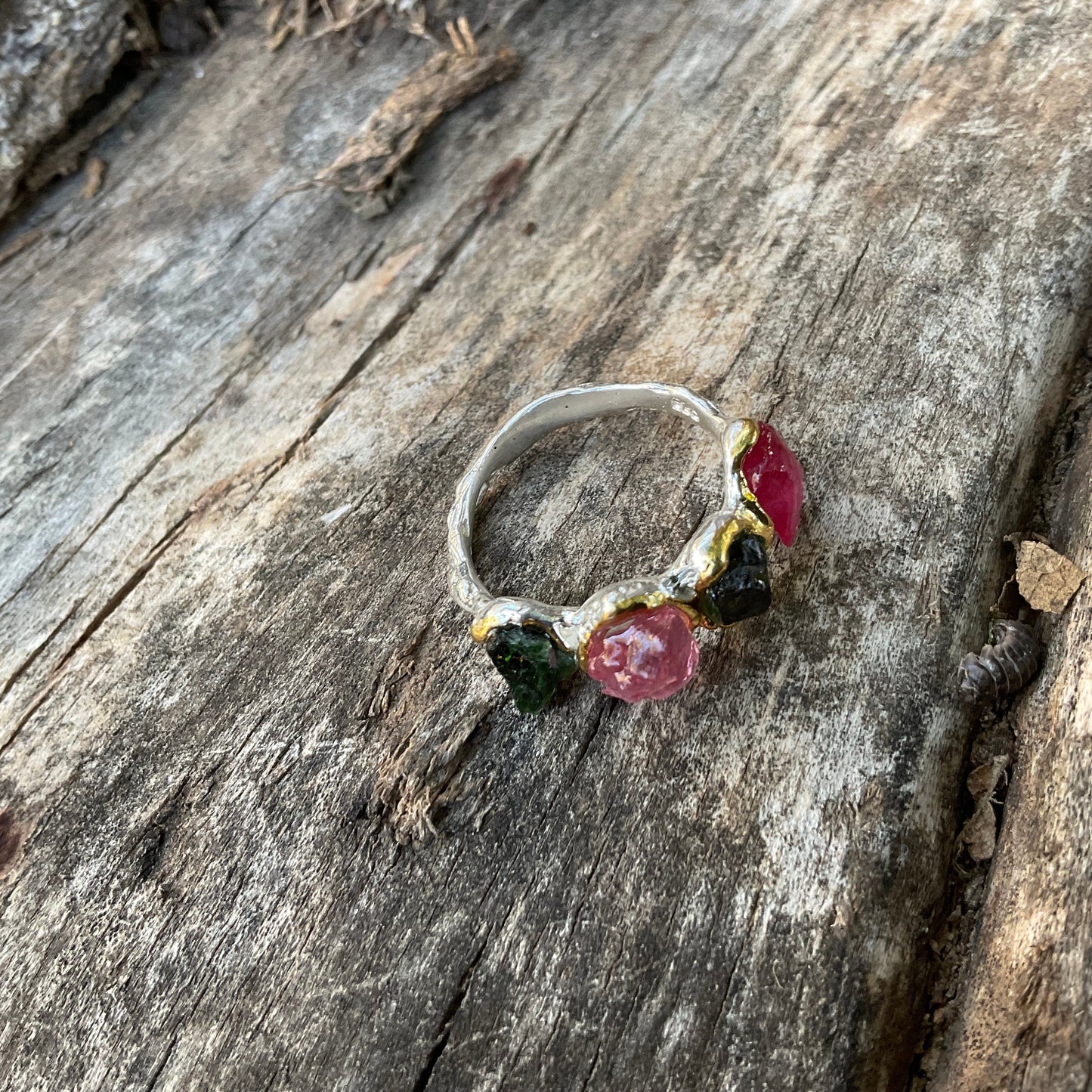 sterling silver rough natural ruby tourmaline band ring 6