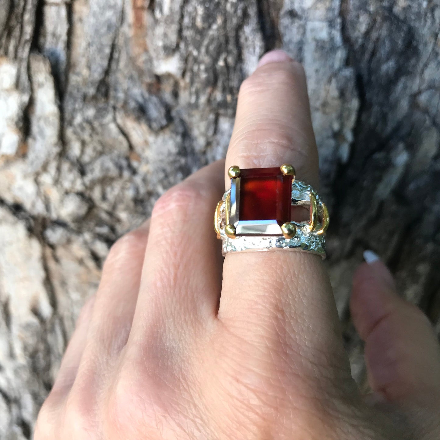 Sterling silver red hessonite band Etnika ring 7