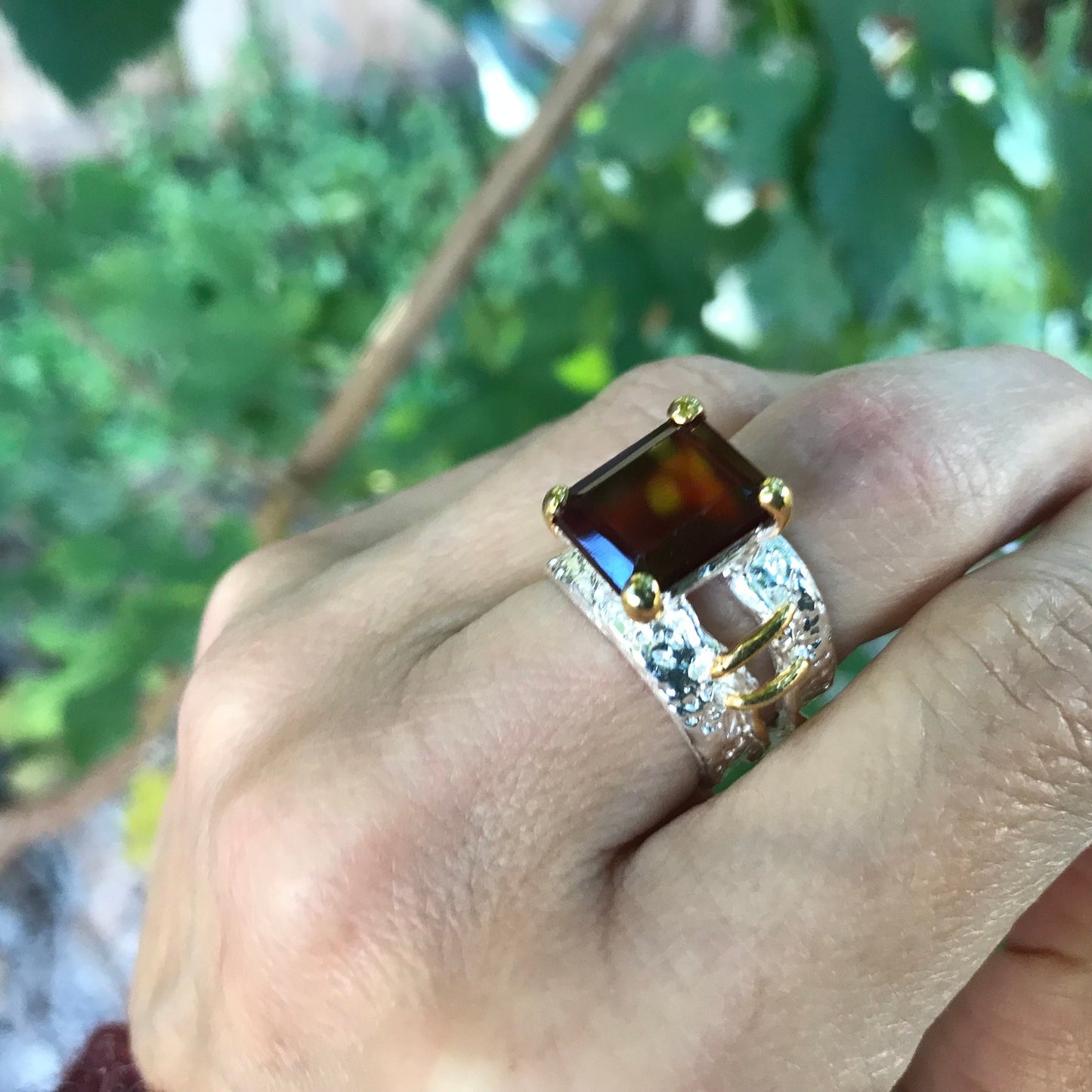 Sterling silver red hessonite band Etnika ring 7