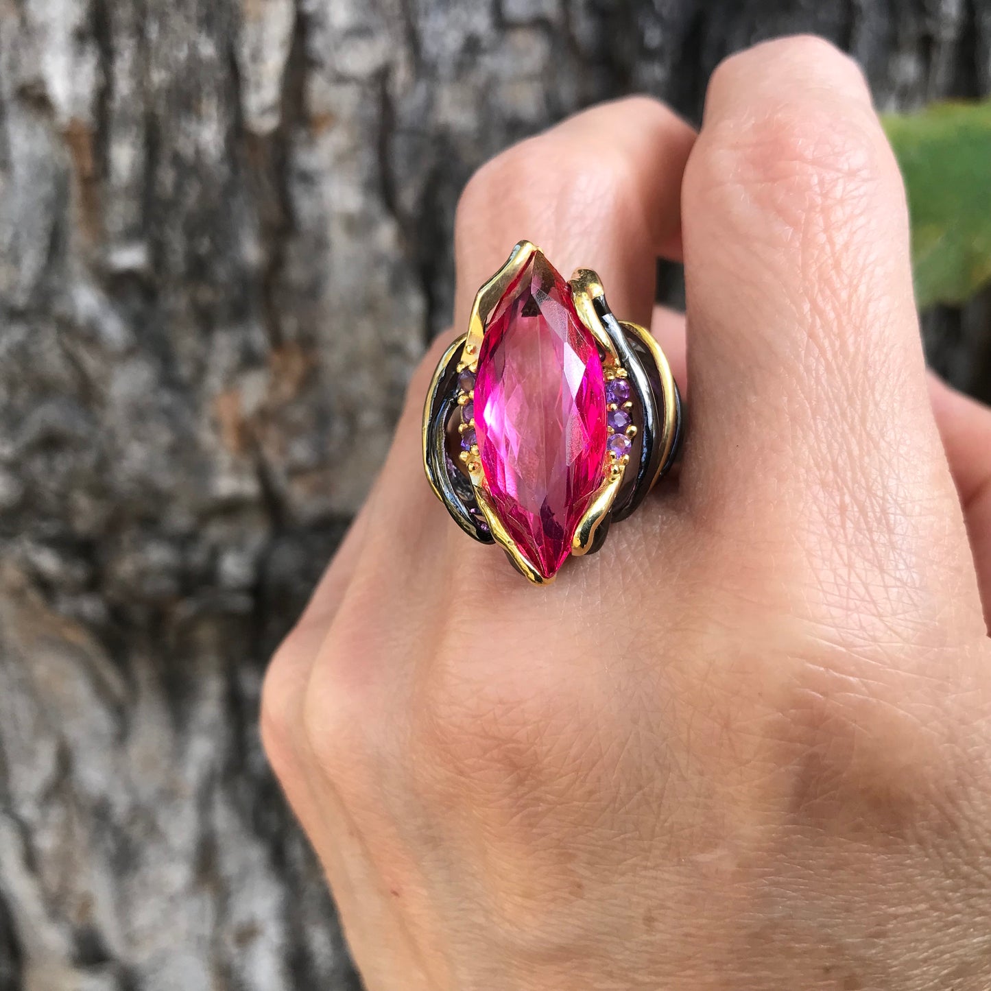 Sterling silver marquis pink topaz band ring 8.5