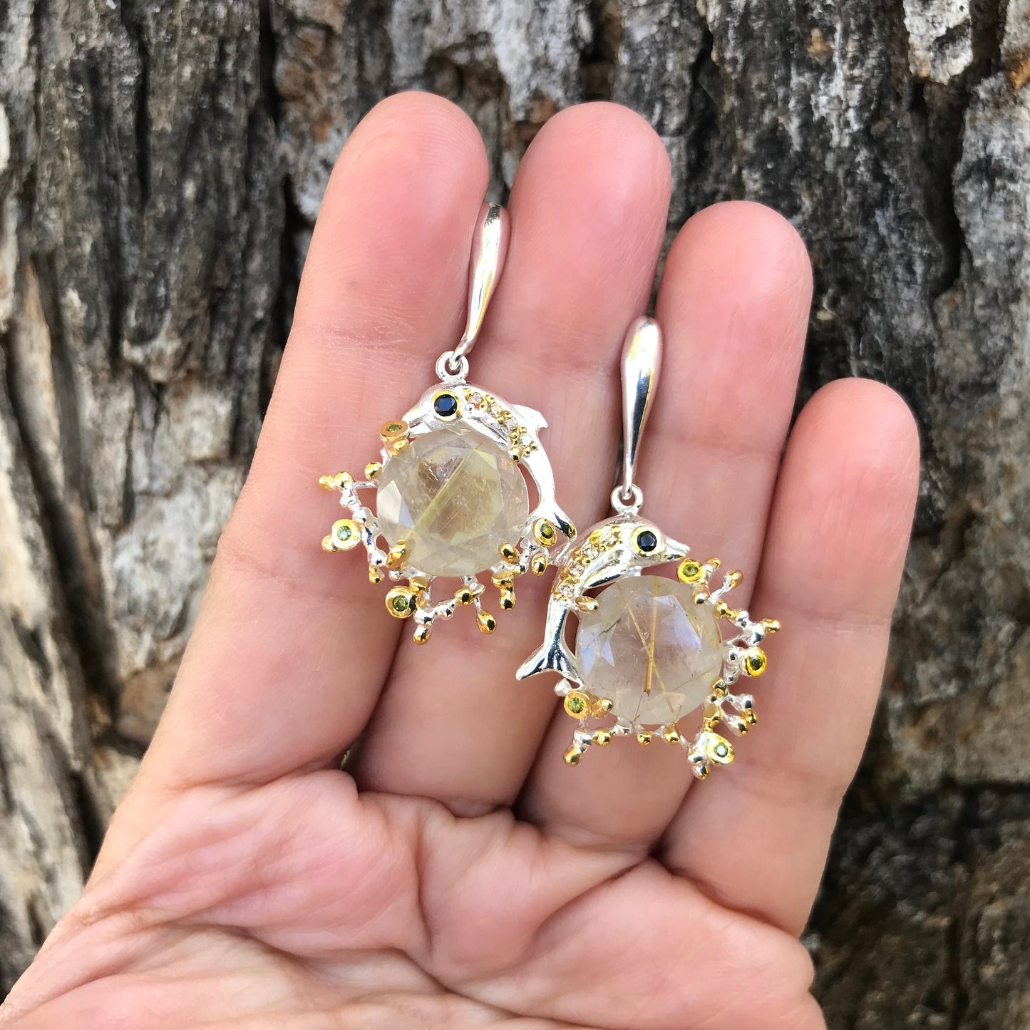 sterling silver statement rutilated quartz dolphin earrings