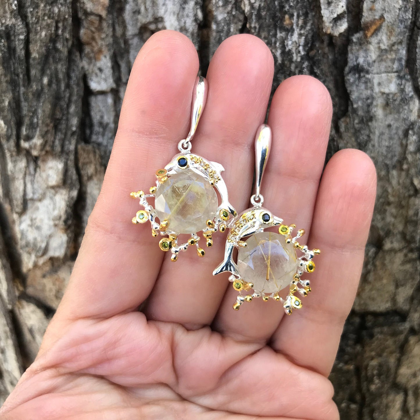 sterling silver statement rutilated quartz dolphin earrings