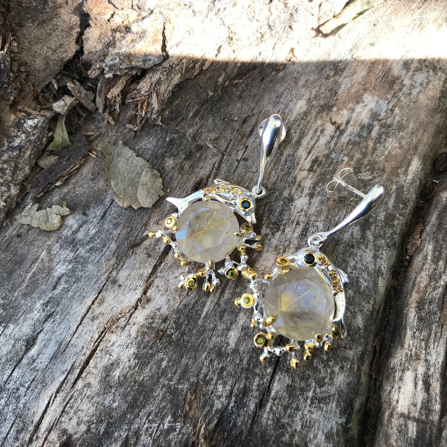 sterling silver statement rutilated quartz dolphin earrings