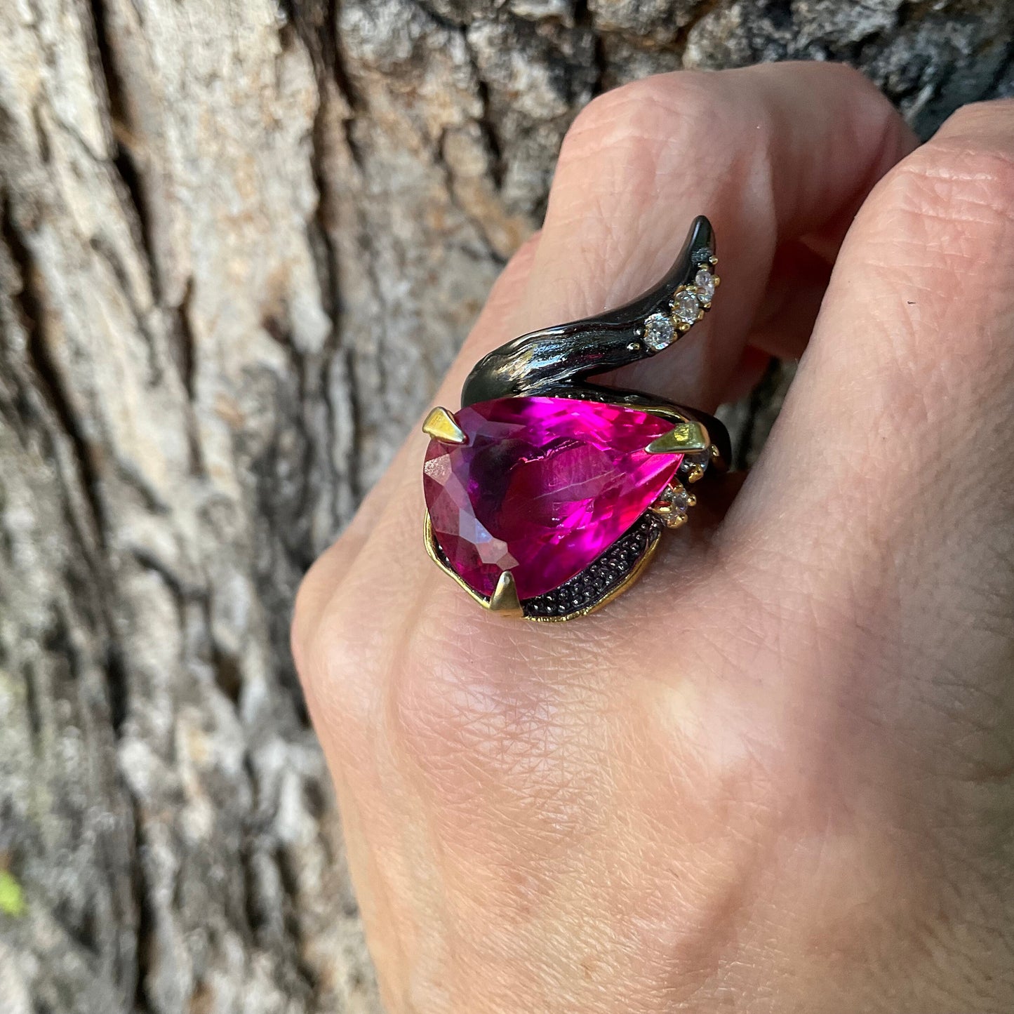 Sterling Silver pink topaz pear shape ring 9