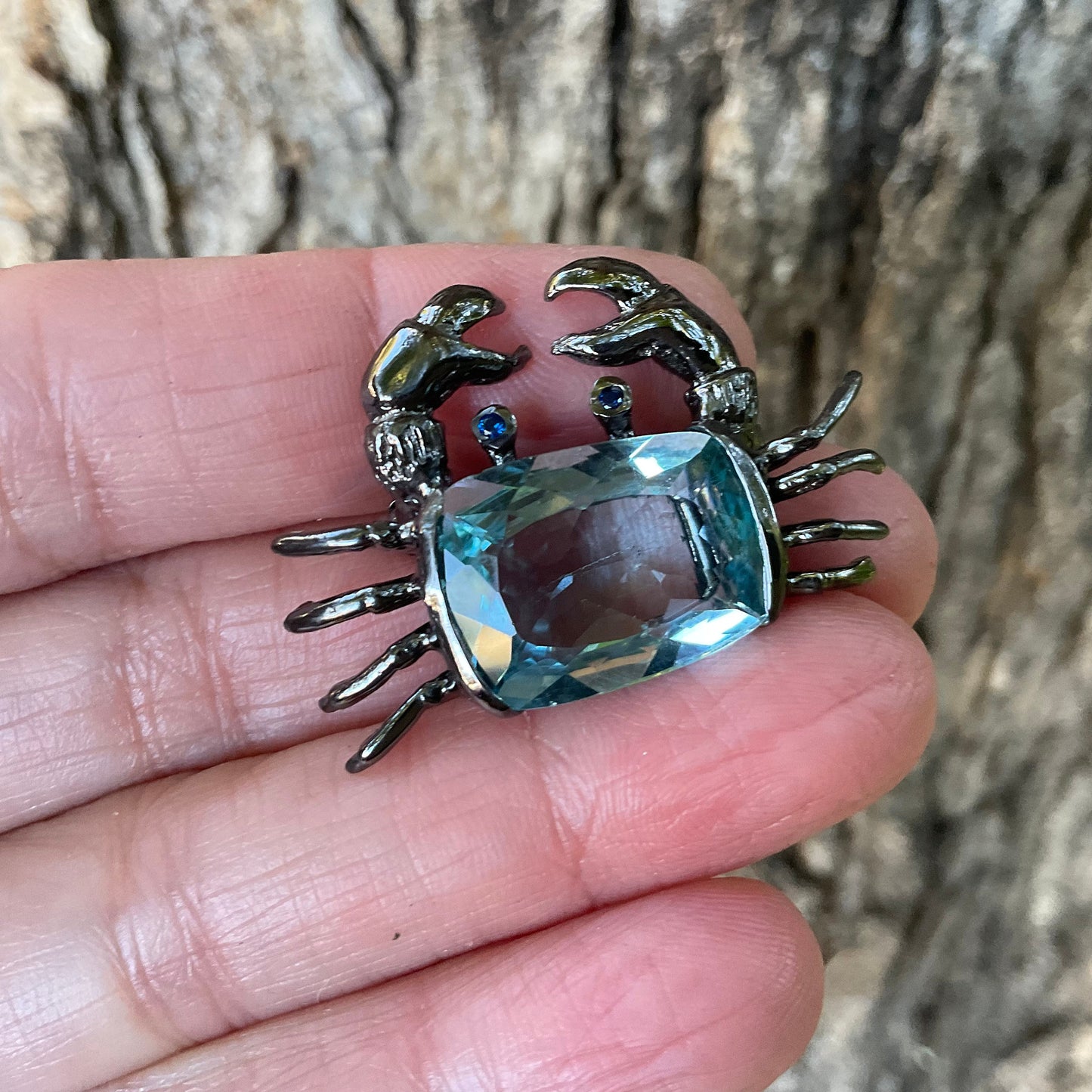 Sterling silver Blue topaz crab brooch pin art