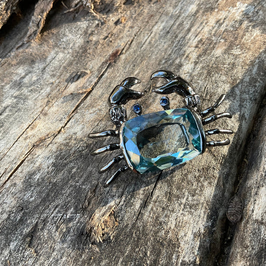 Sterling silver Blue topaz crab brooch pin art