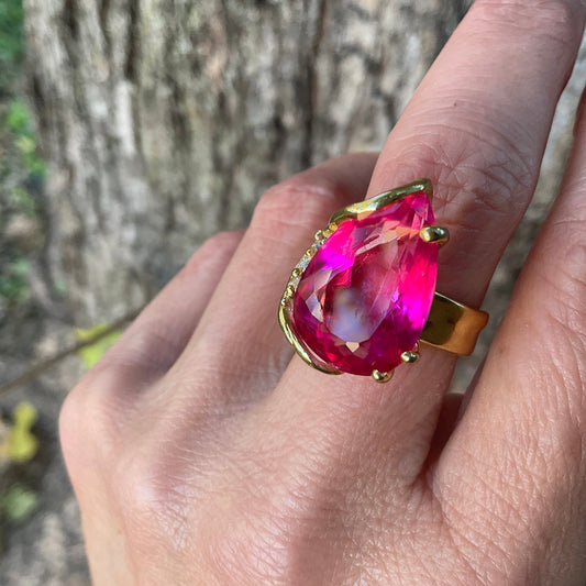 Sterling silver pink topaz  gold statement ring 7