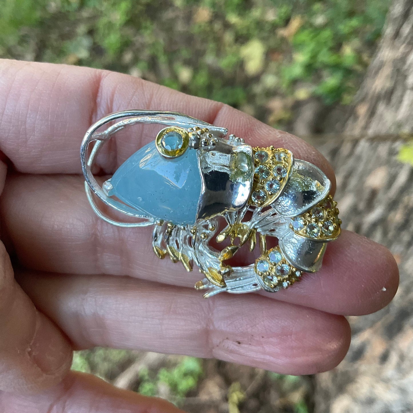 Sterling silver aquamarine shrimp brooch pin art