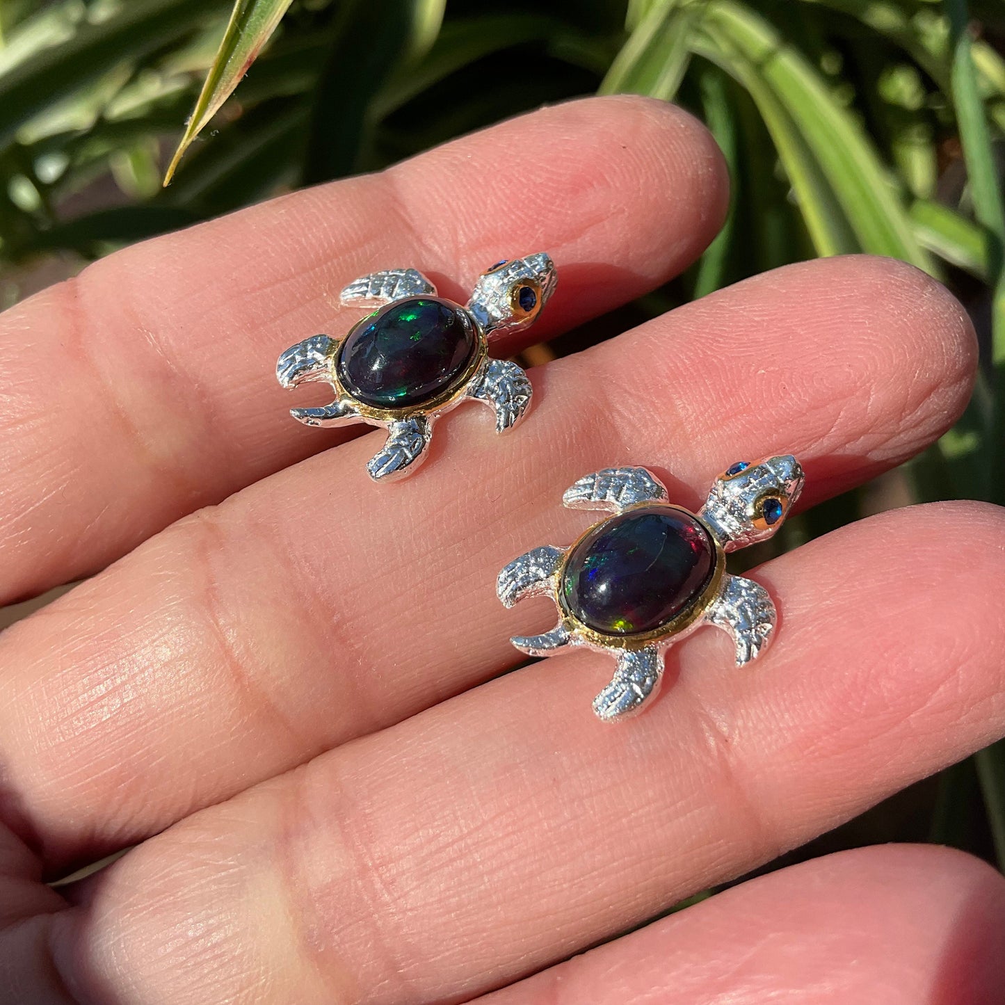 Sterling silver Natural black fire opal stud  Earrings Turtle