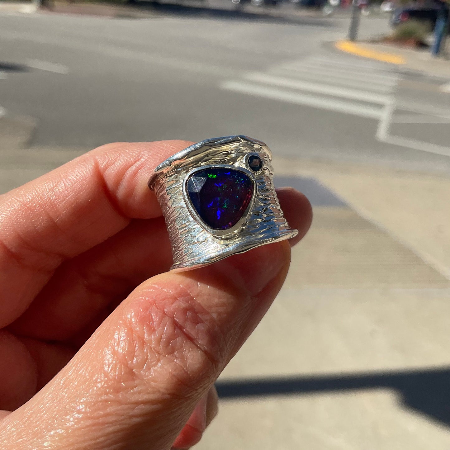 sterling silver blue fire opal band modernist Etnika ring 6 7