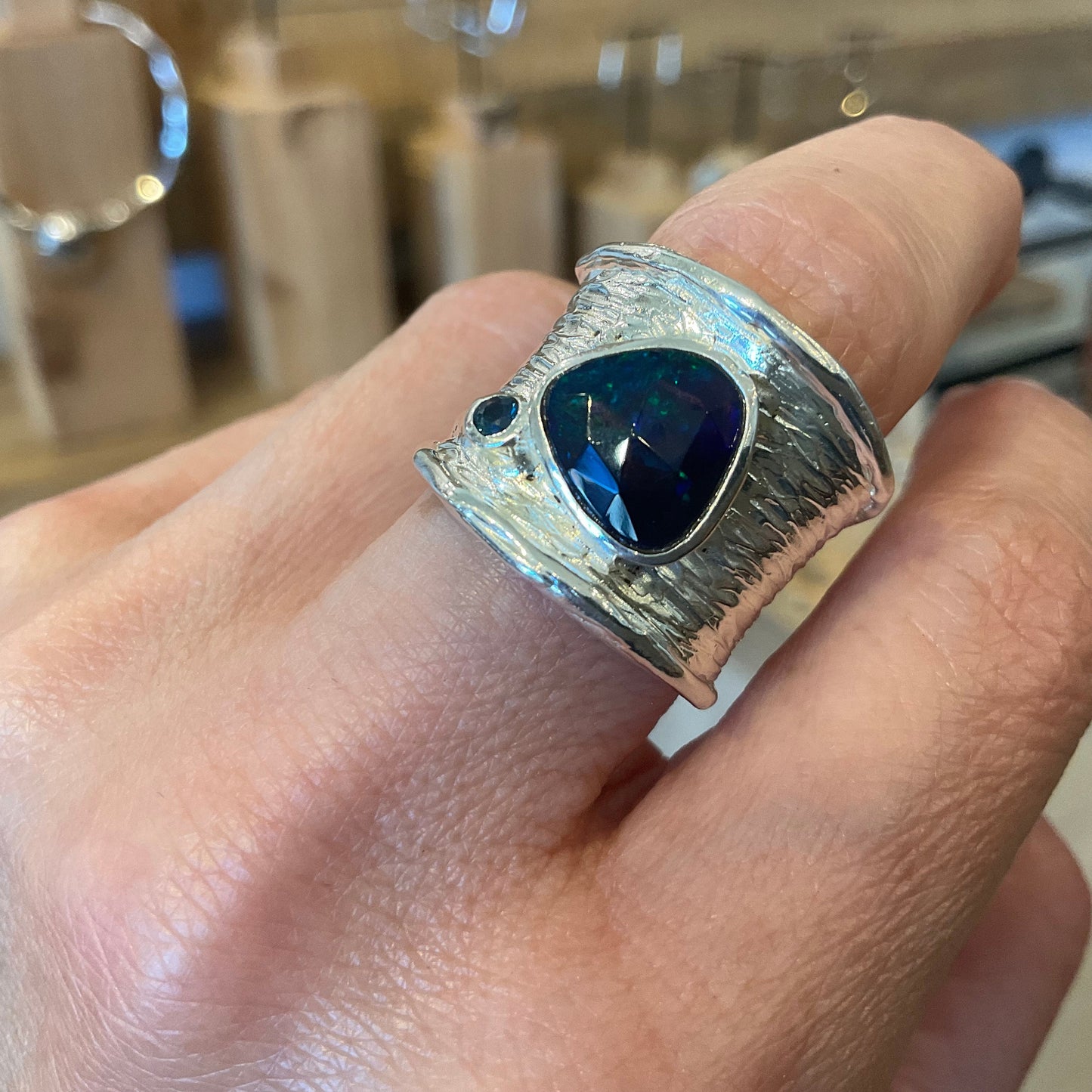 sterling silver blue fire opal band modernist Etnika ring 6 7