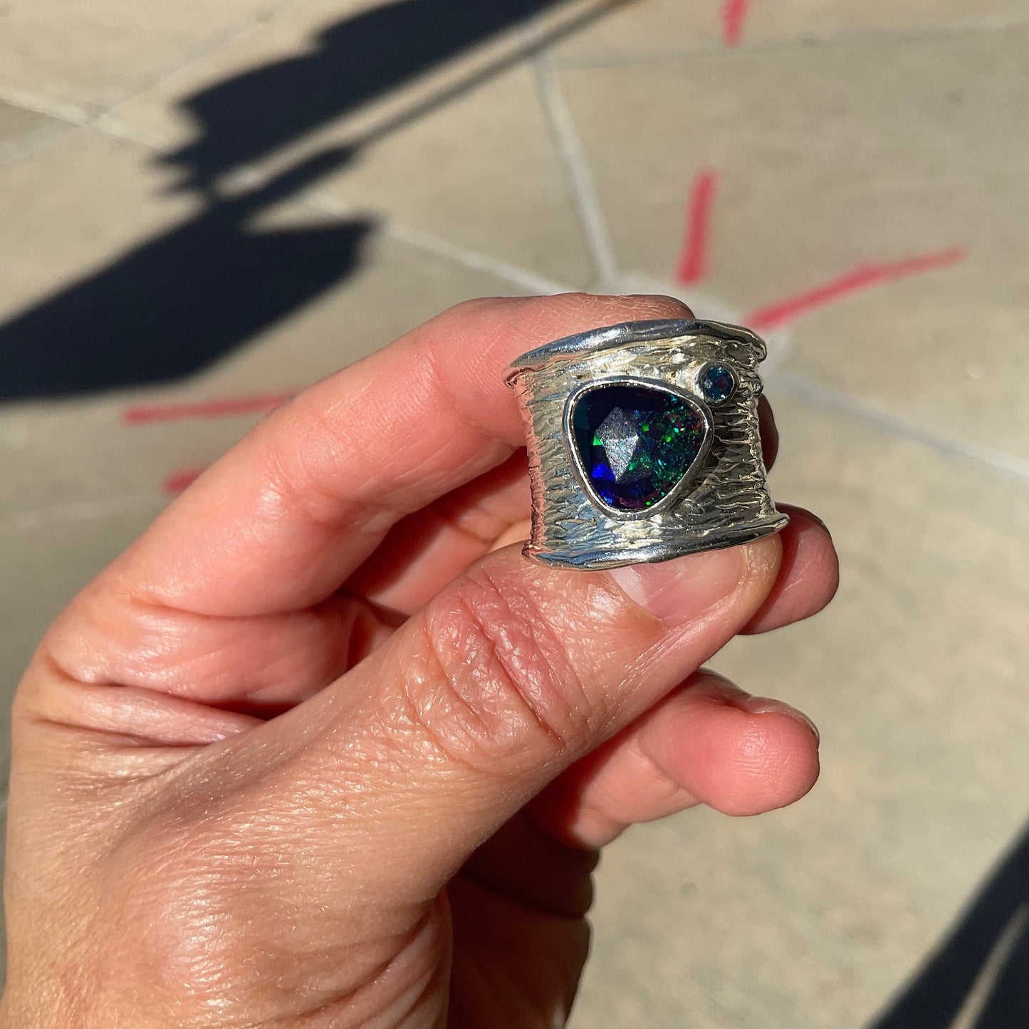 sterling silver blue fire opal band modernist Etnika ring 6 7