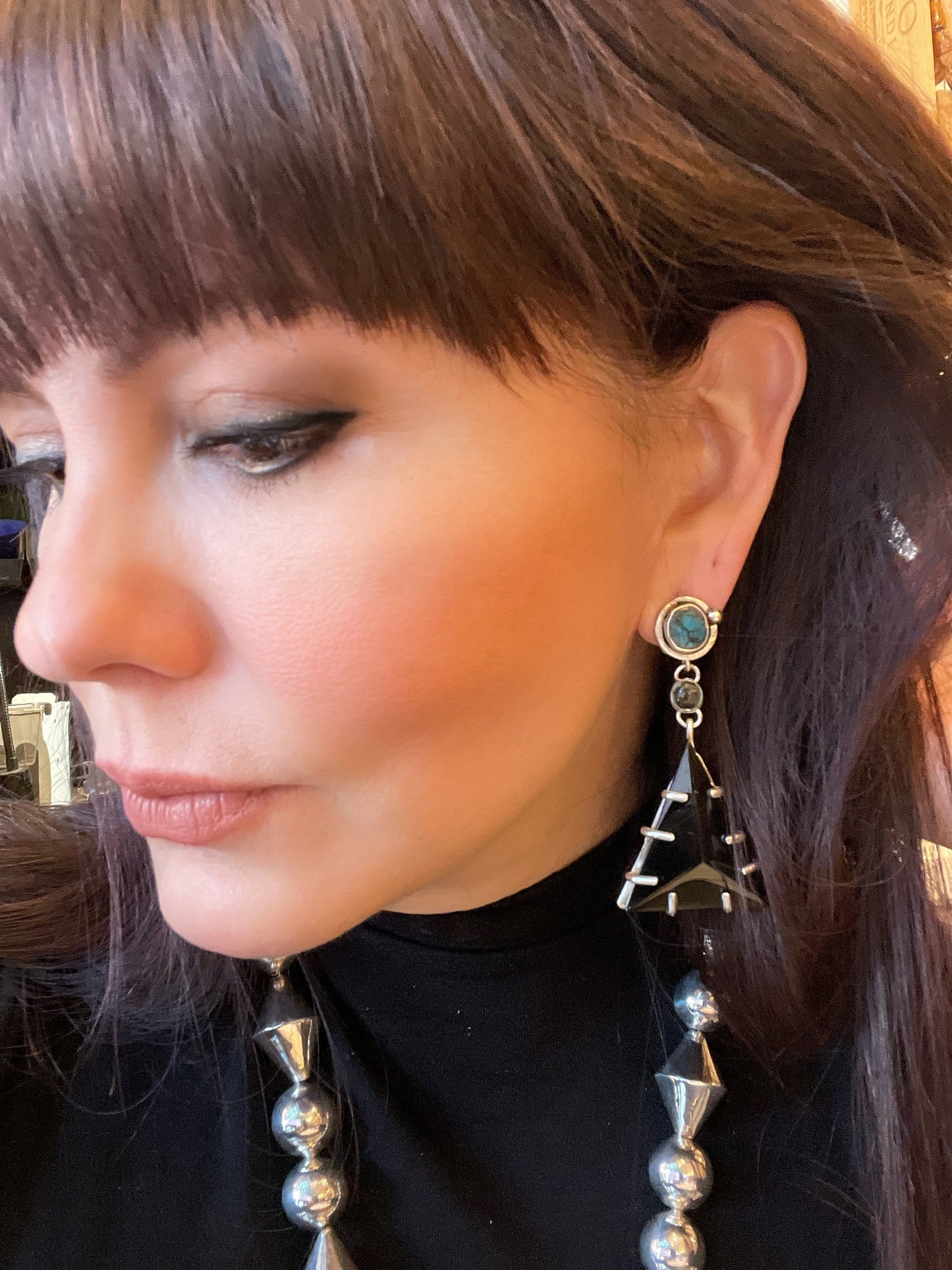 Sterling Silver modernist black jade turquoise earrings