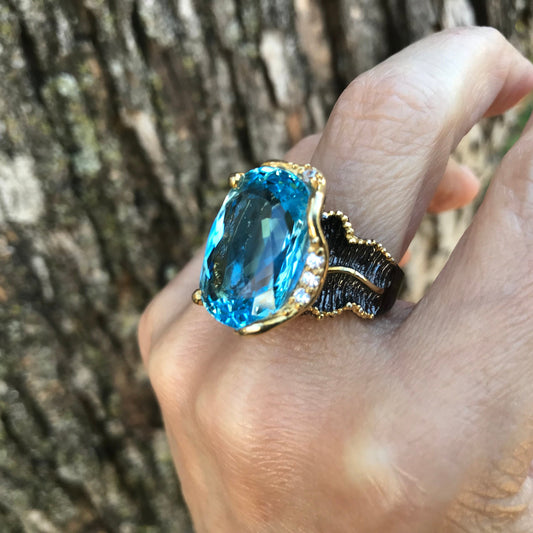 Sterling silver Blue topaz statement 28ct band ring 8