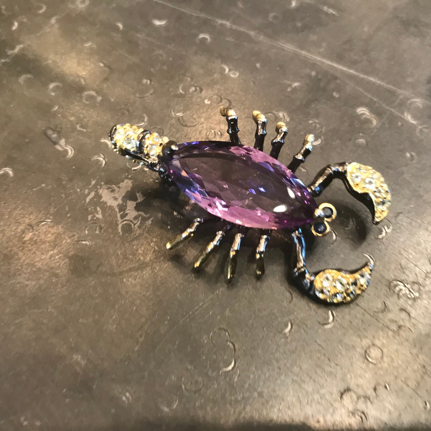 Sterling silver amethyst marquis cut scorpion brooch pin art
