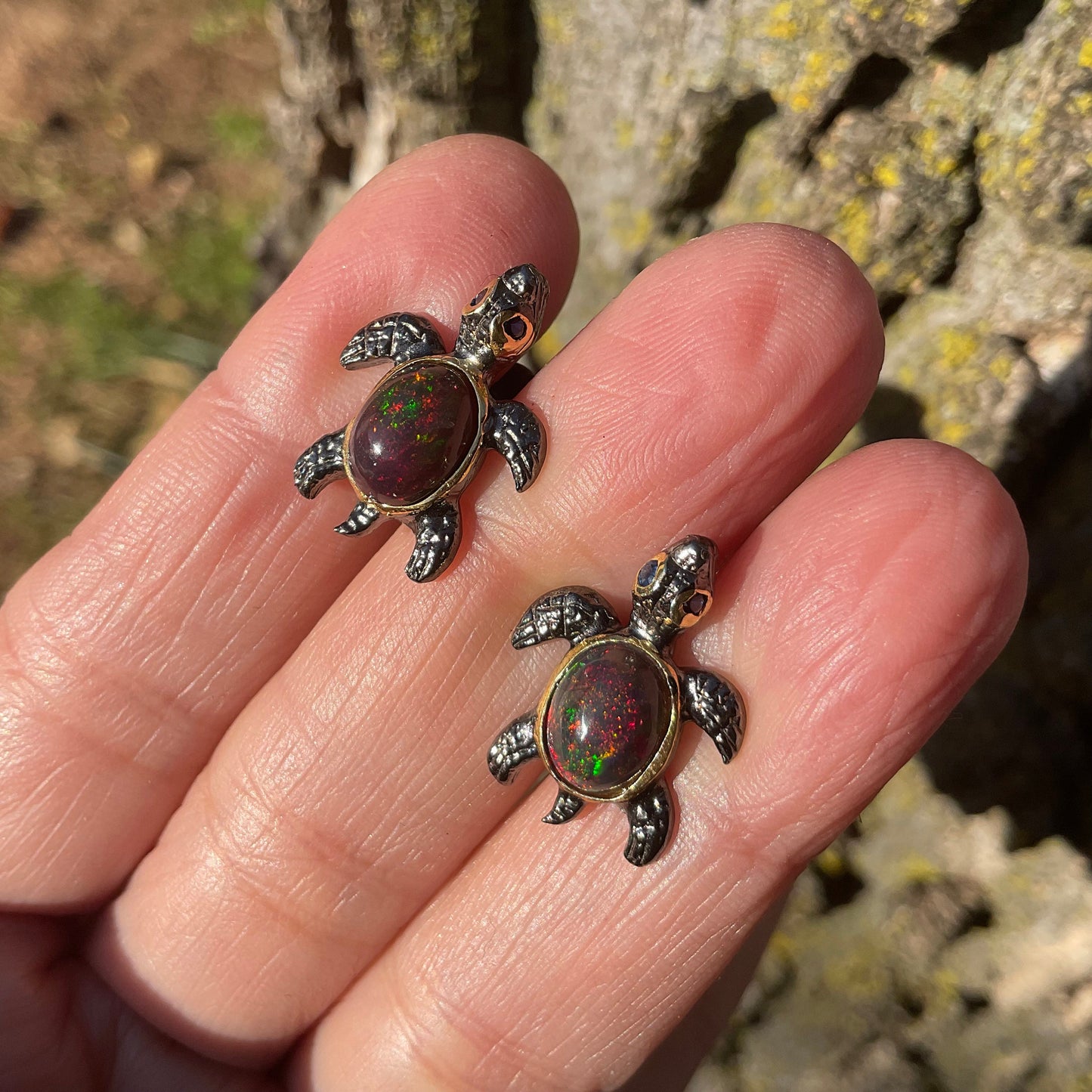 Sterling silver Natural black fire opal post Earrings Turtle