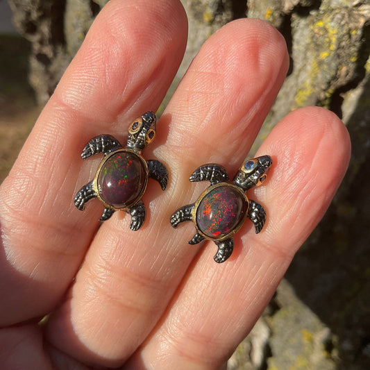 Sterling silver Natural black fire opal post Earrings Turtle