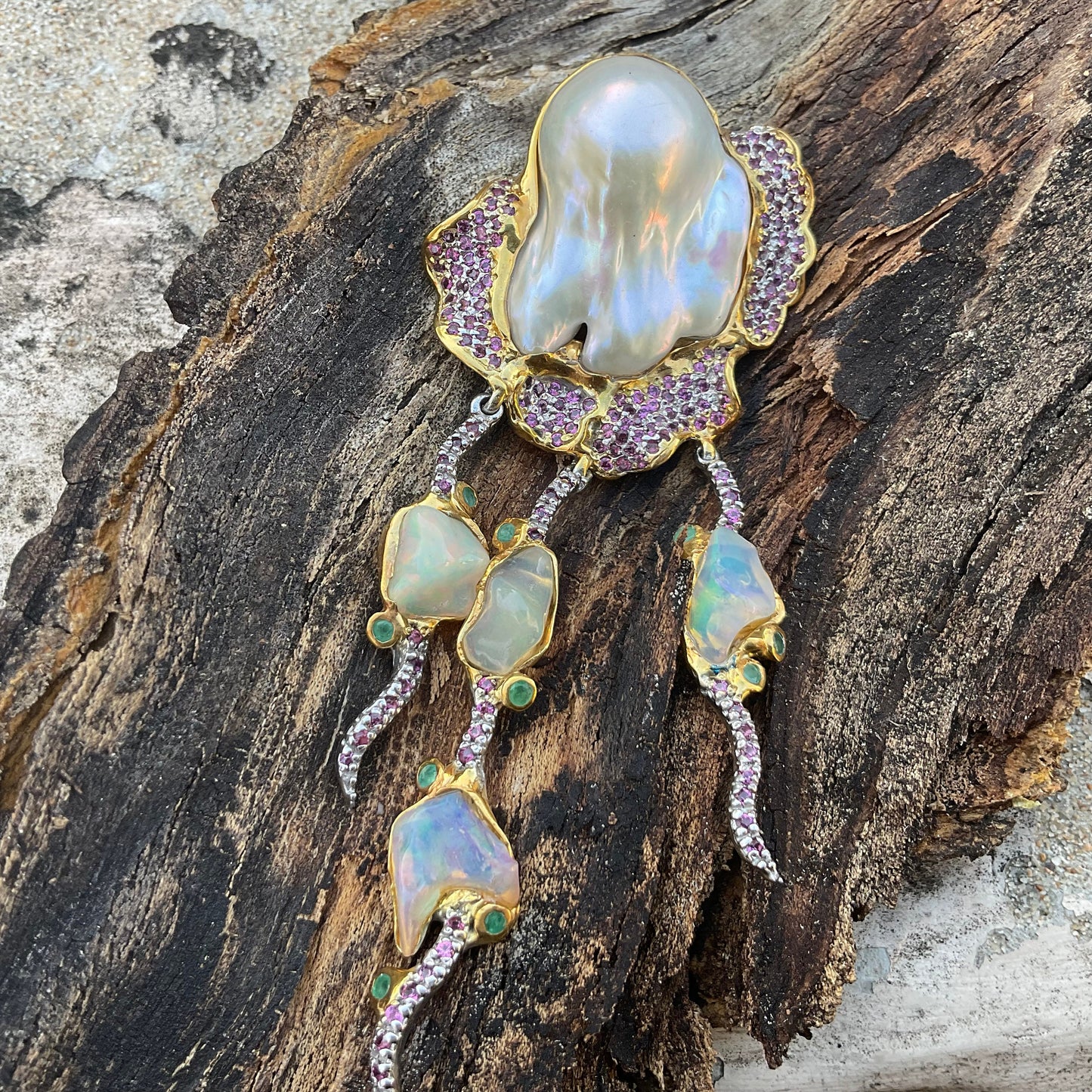 Sterling silver baroque pearl opal emerald brooch pendant