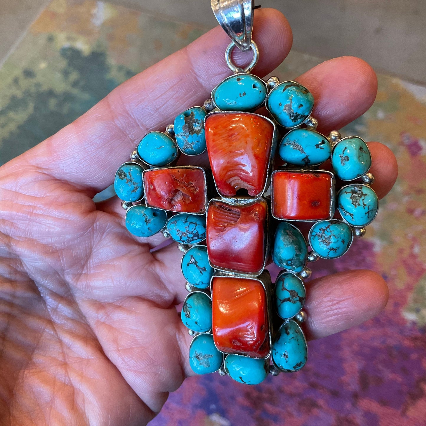 Sterling silver vintage oversized coral turquoise rustic cross