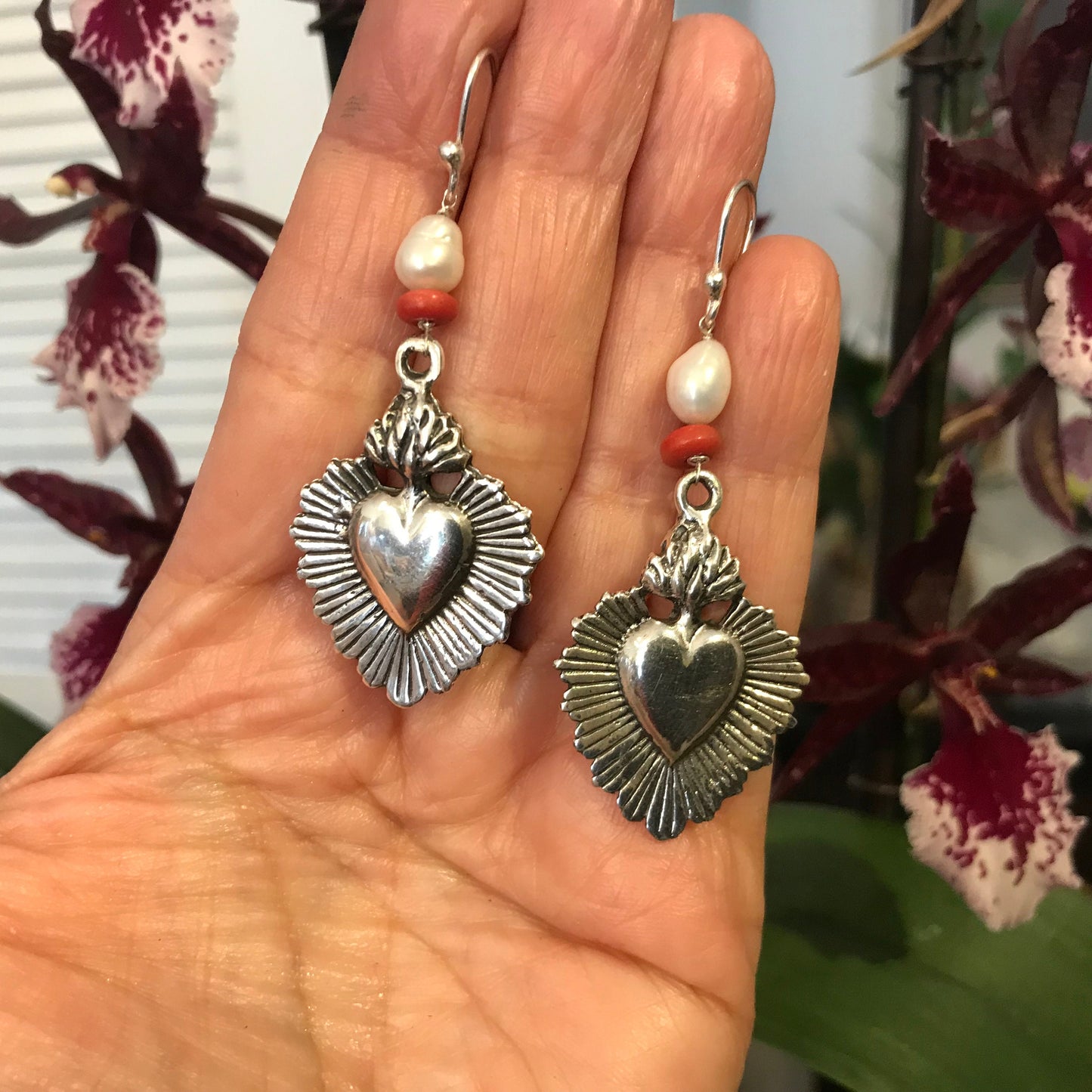 Sterling Silver Sacred heart flame Etnika dangle coral pearl earrings