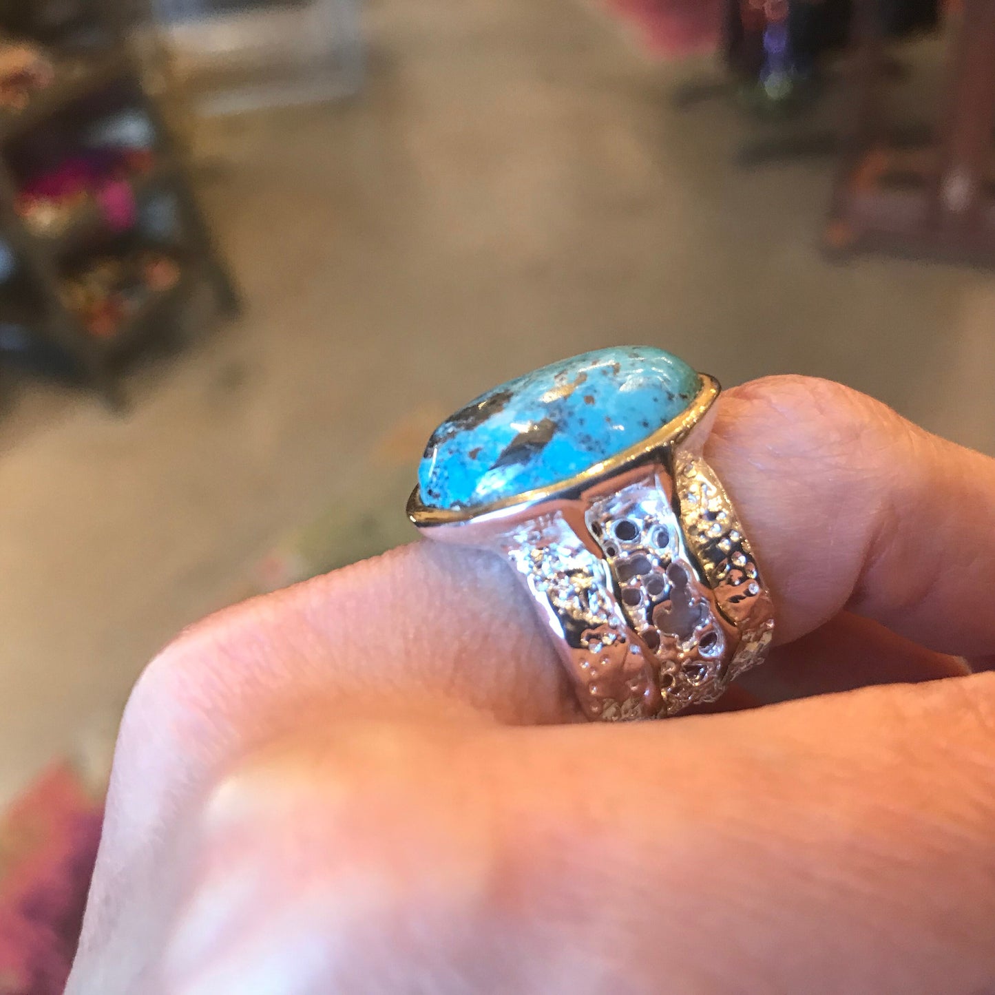 Sterling silver natural turquoise coral reef band ring 7.5
