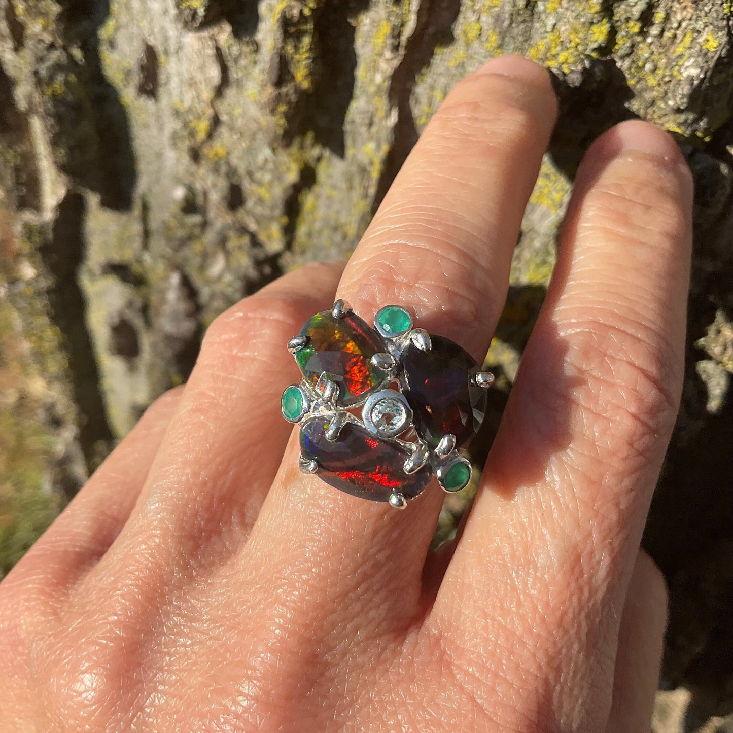 Sterling Silver Black red fire opal heirloom onyx ring 7.5