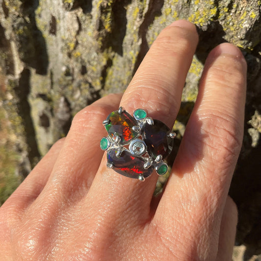 Sterling Silver Black red fire opal heirloom onyx ring 7.5