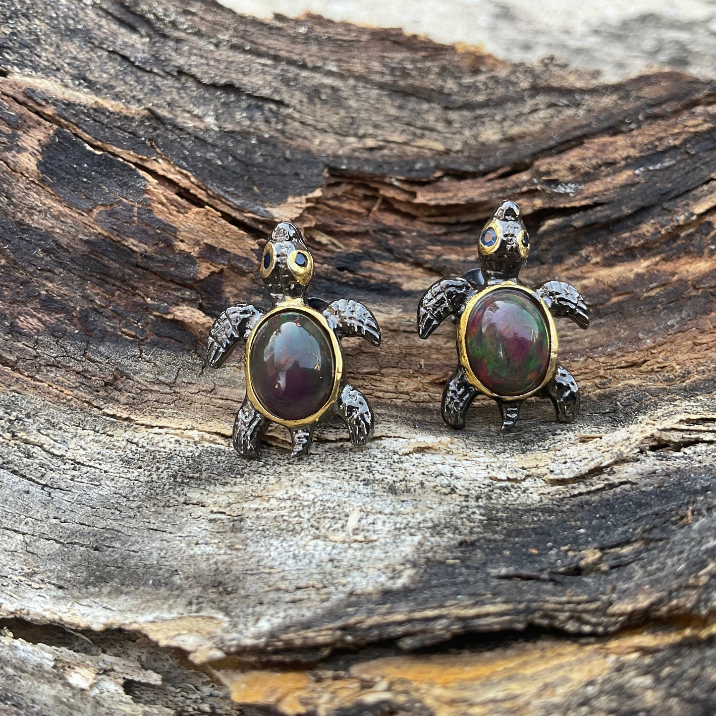 Sterling silver Natural black fire opal post Earrings Turtle