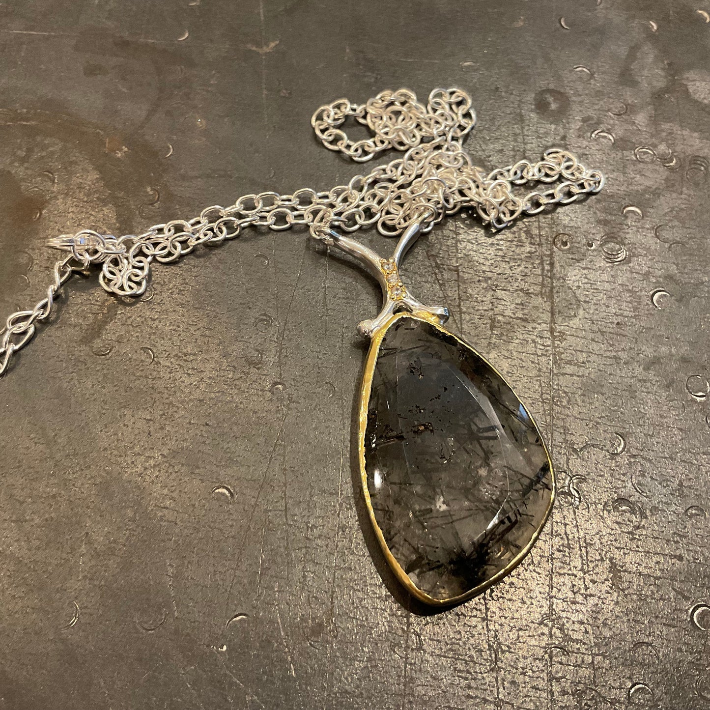 Sterling Silver Rutilated quartz Pendant and Necklace black ribbons