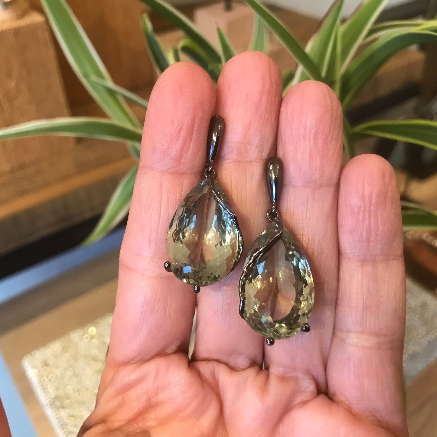 Sterling silver green amethyst pear shape fancy earrings