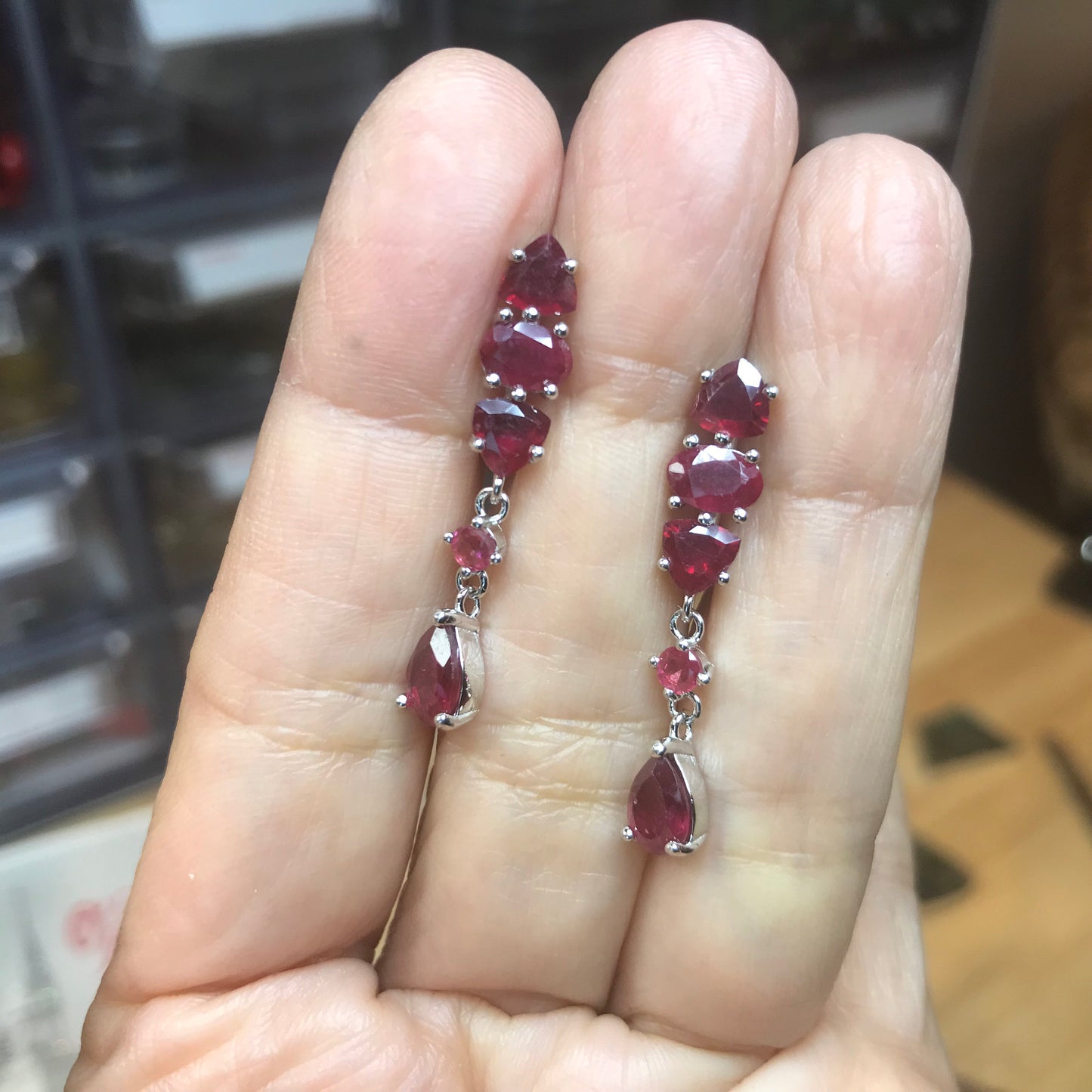 Sterling Silver red ruby long dangle earrings