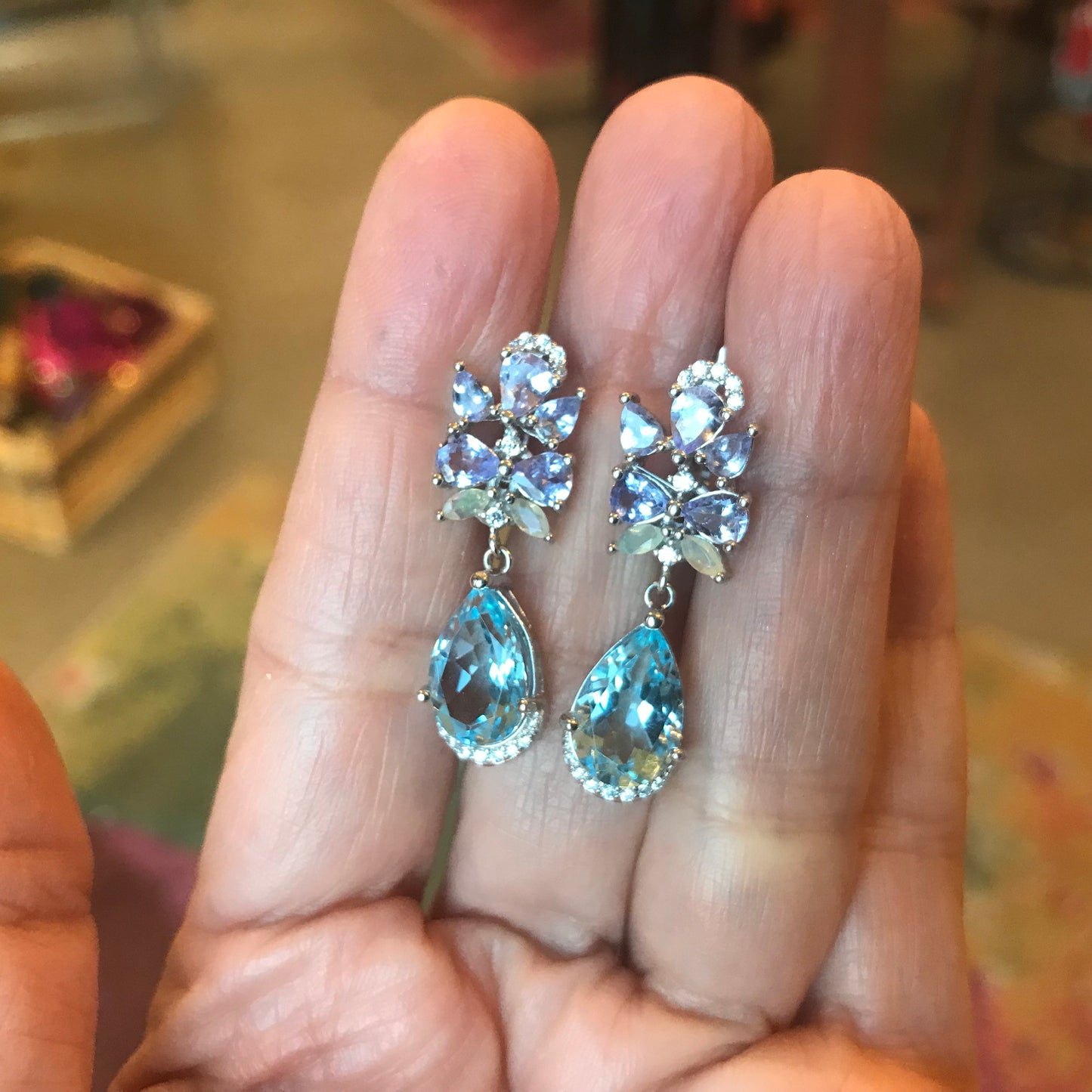Sterling Silver sky natural blue topaz opal fancy earrings