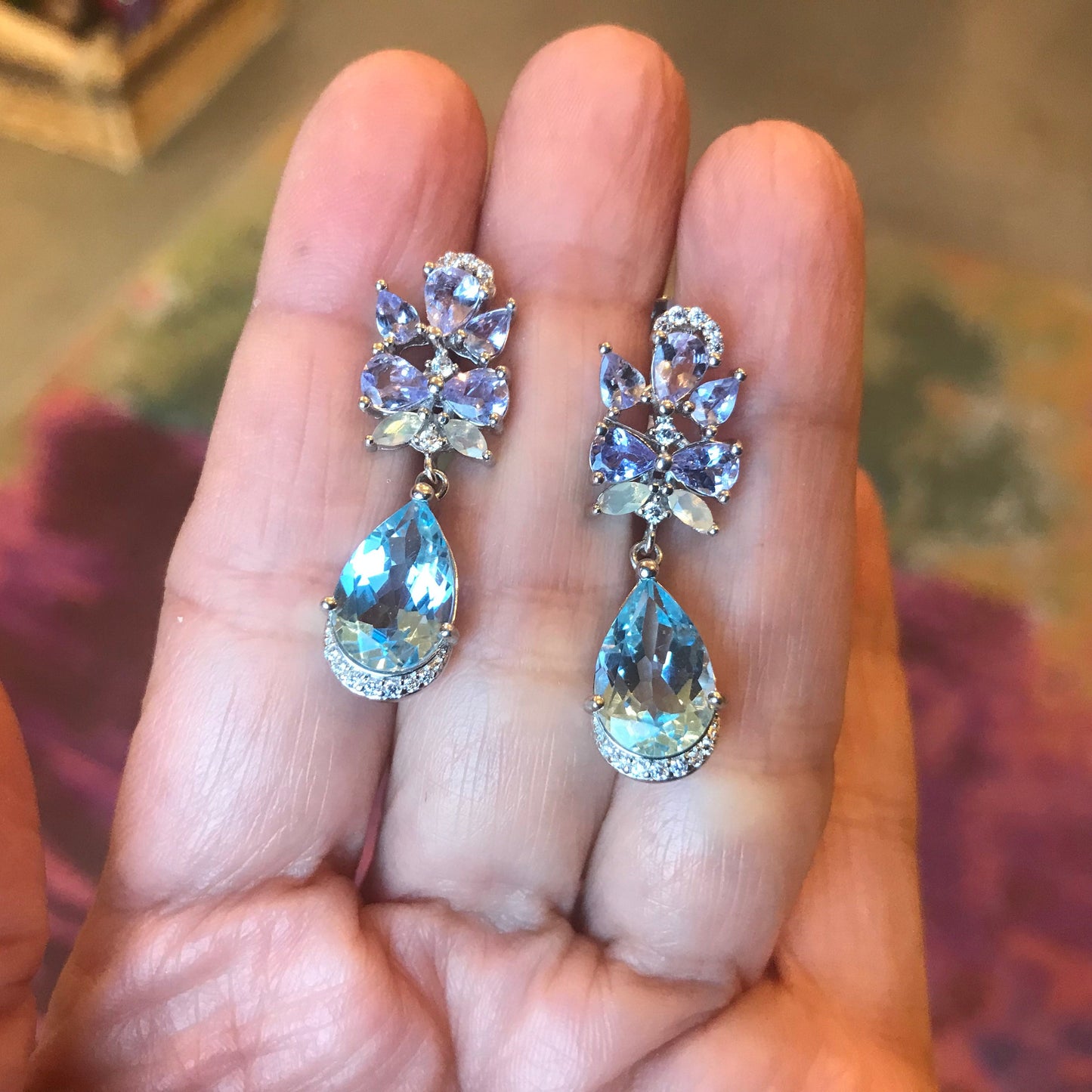 Sterling Silver sky natural blue topaz opal fancy earrings