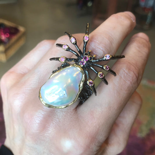Sterling silver spider baroque pearl tourmaline ring 8